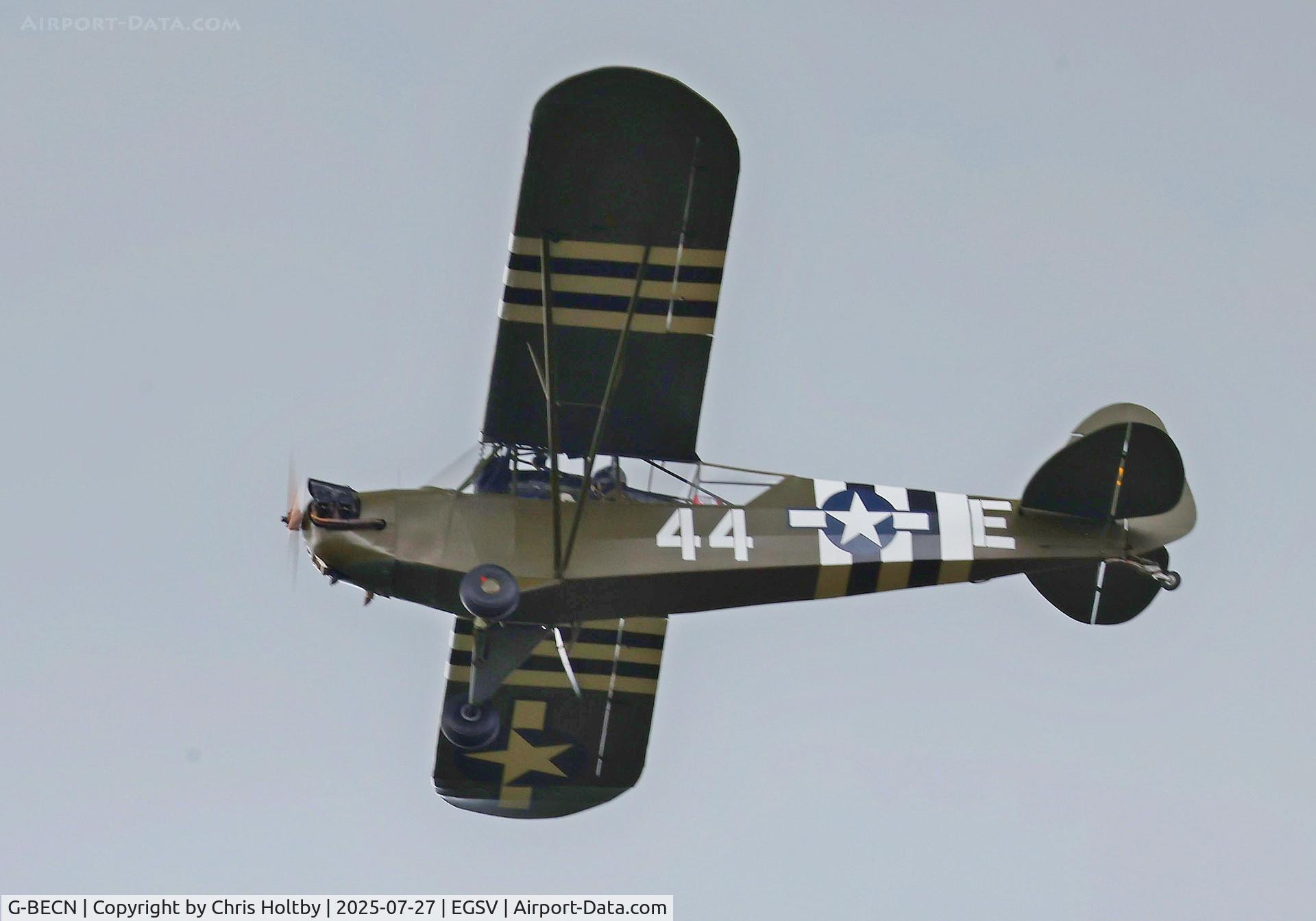 G-BECN, 1944 Piper L-4J Grasshopper (J3C-65D) C/N 12776, During display over Old Buckenham for the Airshow 2025