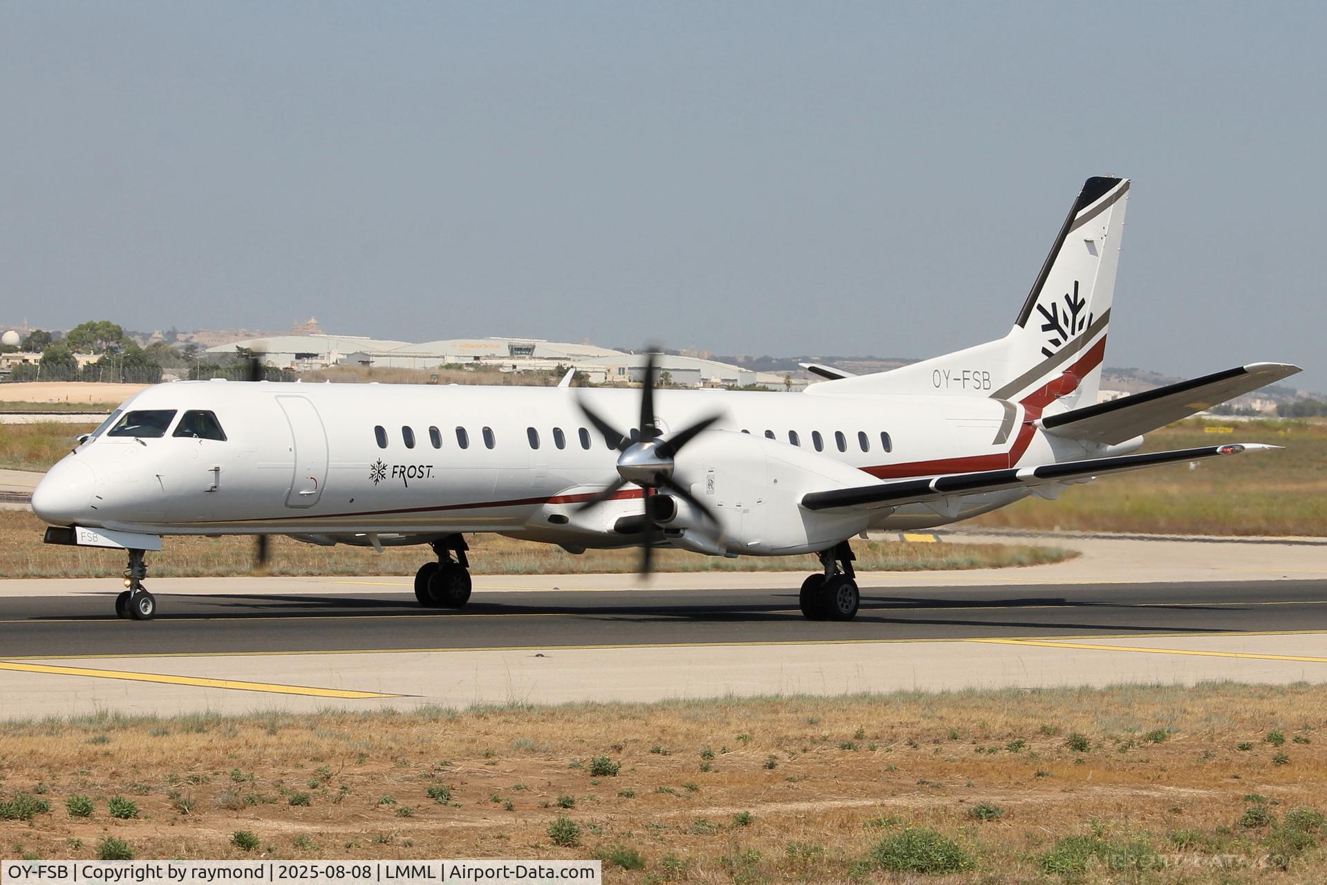 OY-FSB, 1995 Saab 2000 C/N 2000-013, Saab 2000 reg OY-FSB of Frost taxing out for departure from Malta.