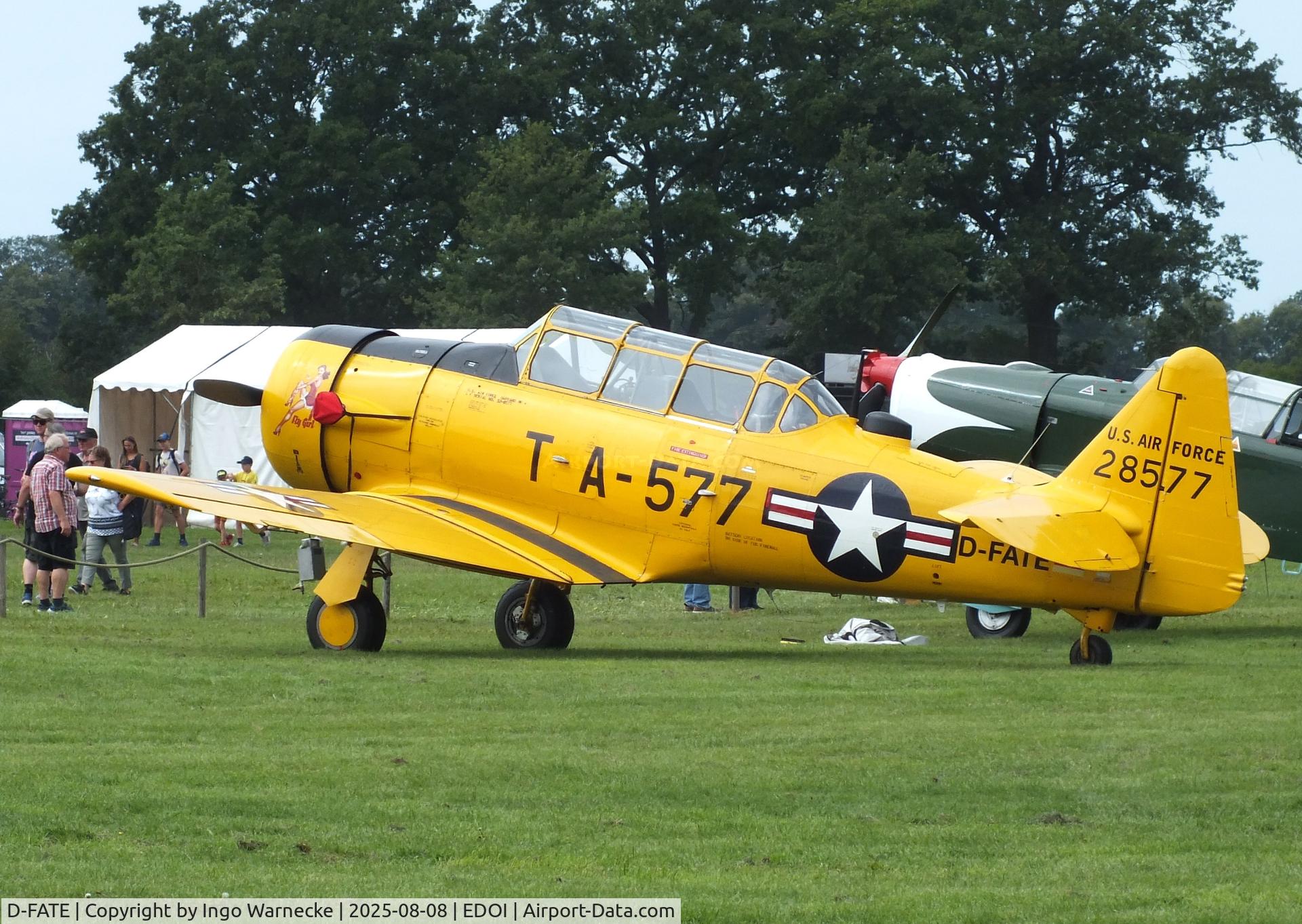 D-FATE, 1952 Canadian Car & Foundry T-6H Harvard Mk.4 C/N CCF4-498, Canadian Car & Foundry (CCF) Harvard Mk4 (North American T-6) at Bienenfarm airfield during the 2025 Quax Bücker-Treffen (Bücker-Meeting) and Vintage Aerobatic World Championships