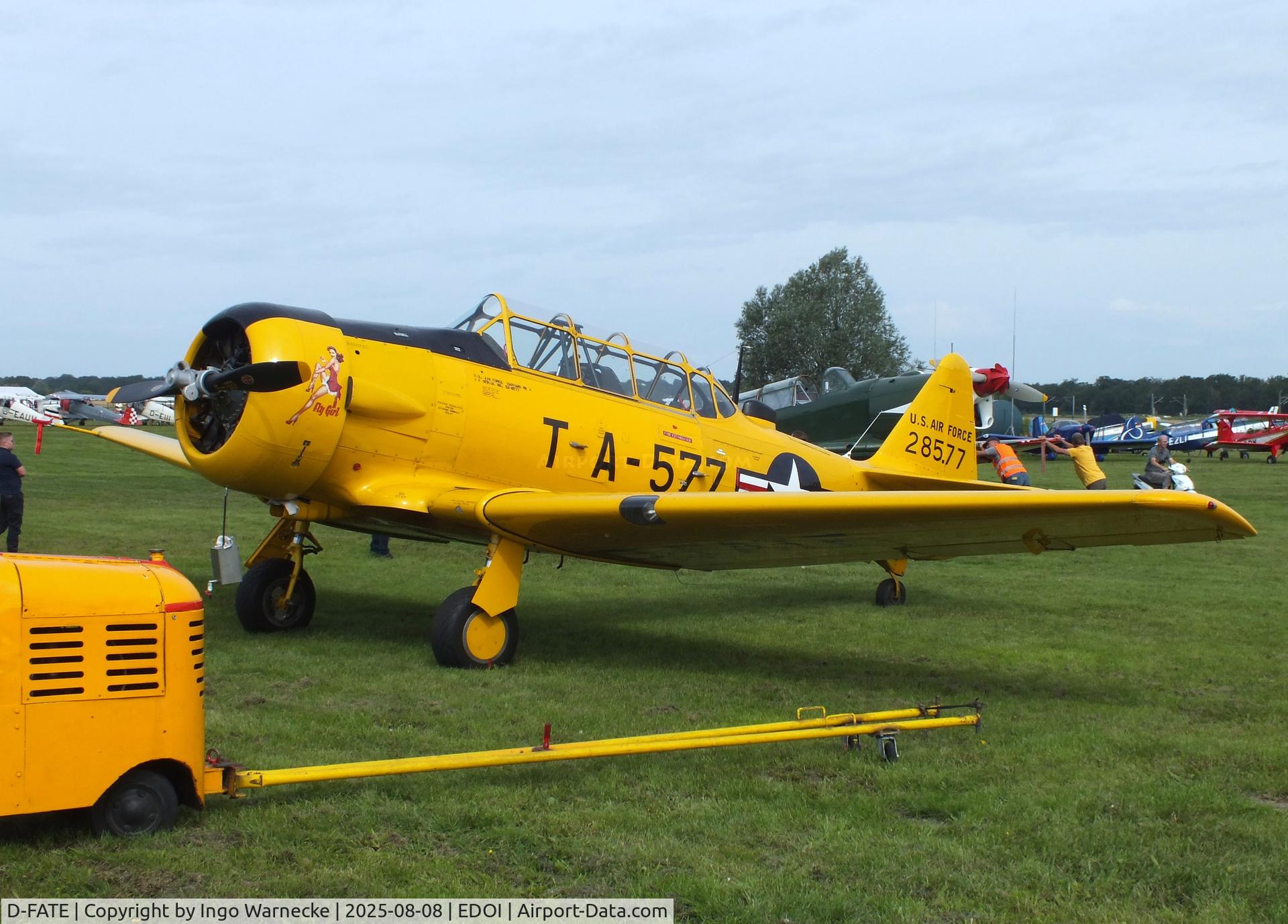 D-FATE, 1952 Canadian Car & Foundry T-6H Harvard Mk.4 C/N CCF4-498, Canadian Car & Foundry (CCF) Harvard Mk4 (North American T-6) at Bienenfarm airfield during the 2025 Quax Bücker-Treffen (Bücker-Meeting) and Vintage Aerobatic World Championships