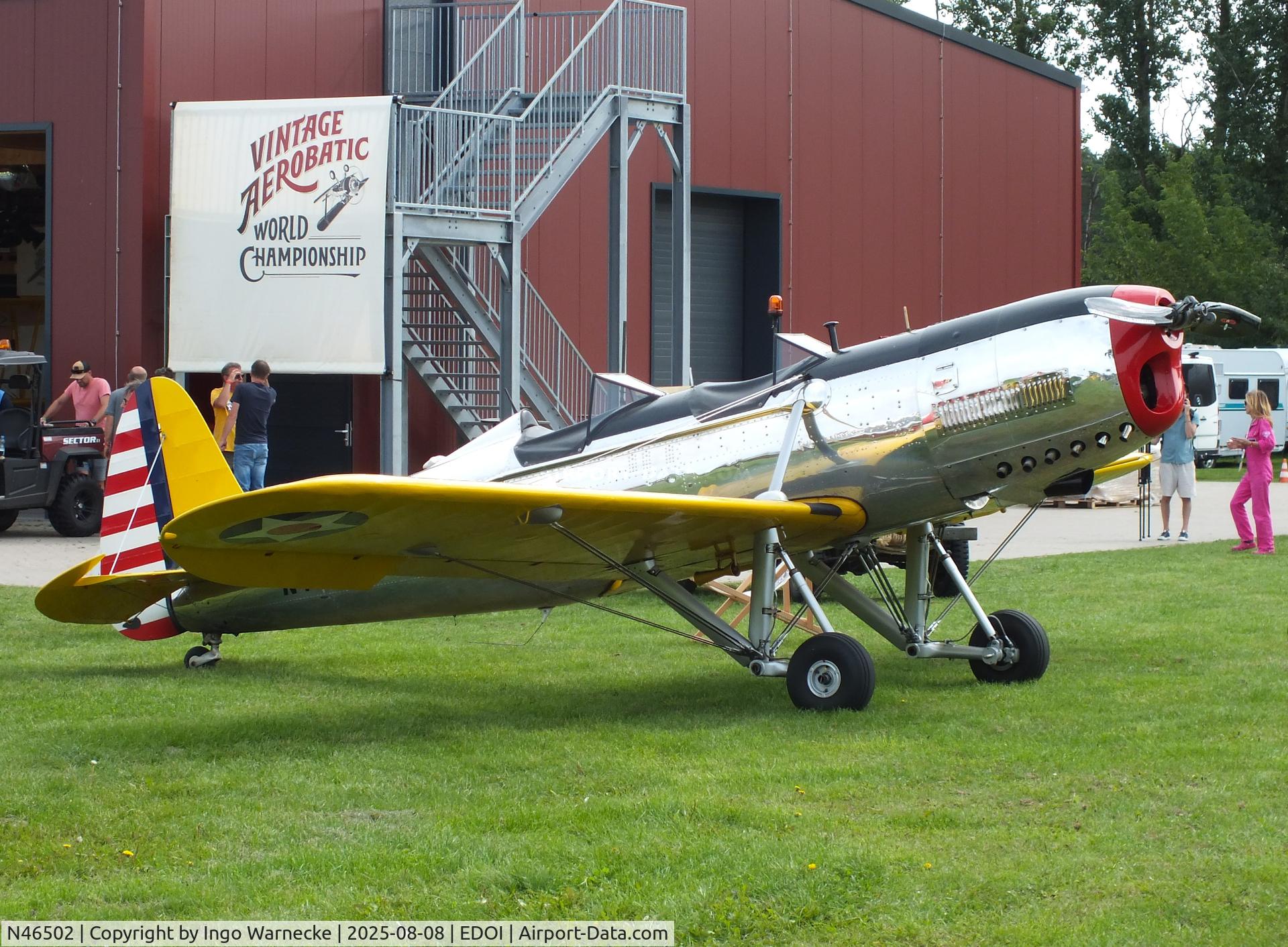 N46502, 1943 Ryan Aeronautical ST3KR C/N 1995, Ryan ST3KR (PT-22 Recruit. with inline engine) at Bienenfarm airfield during the 2025 Quax Bücker-Treffen (Bücker-Meeting) and Vintage Aerobatic World Championships