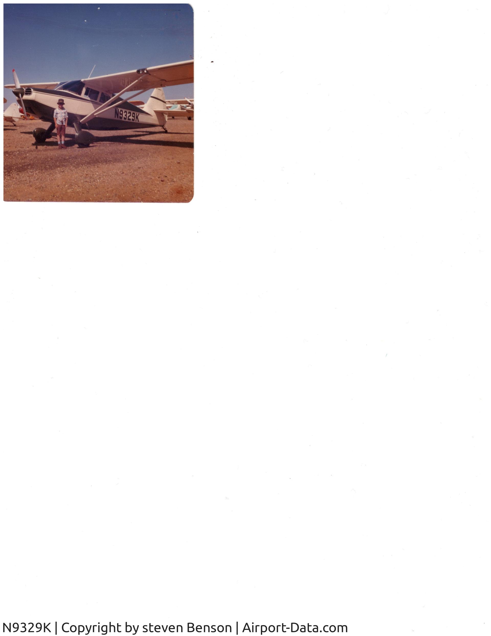 N9329K, 1947 Stinson 108-2 Voyager C/N 108-2329, I owned and operated this airplane in Eureka CA from 1968-1976.
person in photo is my son who is now 61. Airplane was sold new by Leroy Gates at Rohnerville airport in 1948. I purchased it from Laura Alguire for $2000 and made extensive repairs.