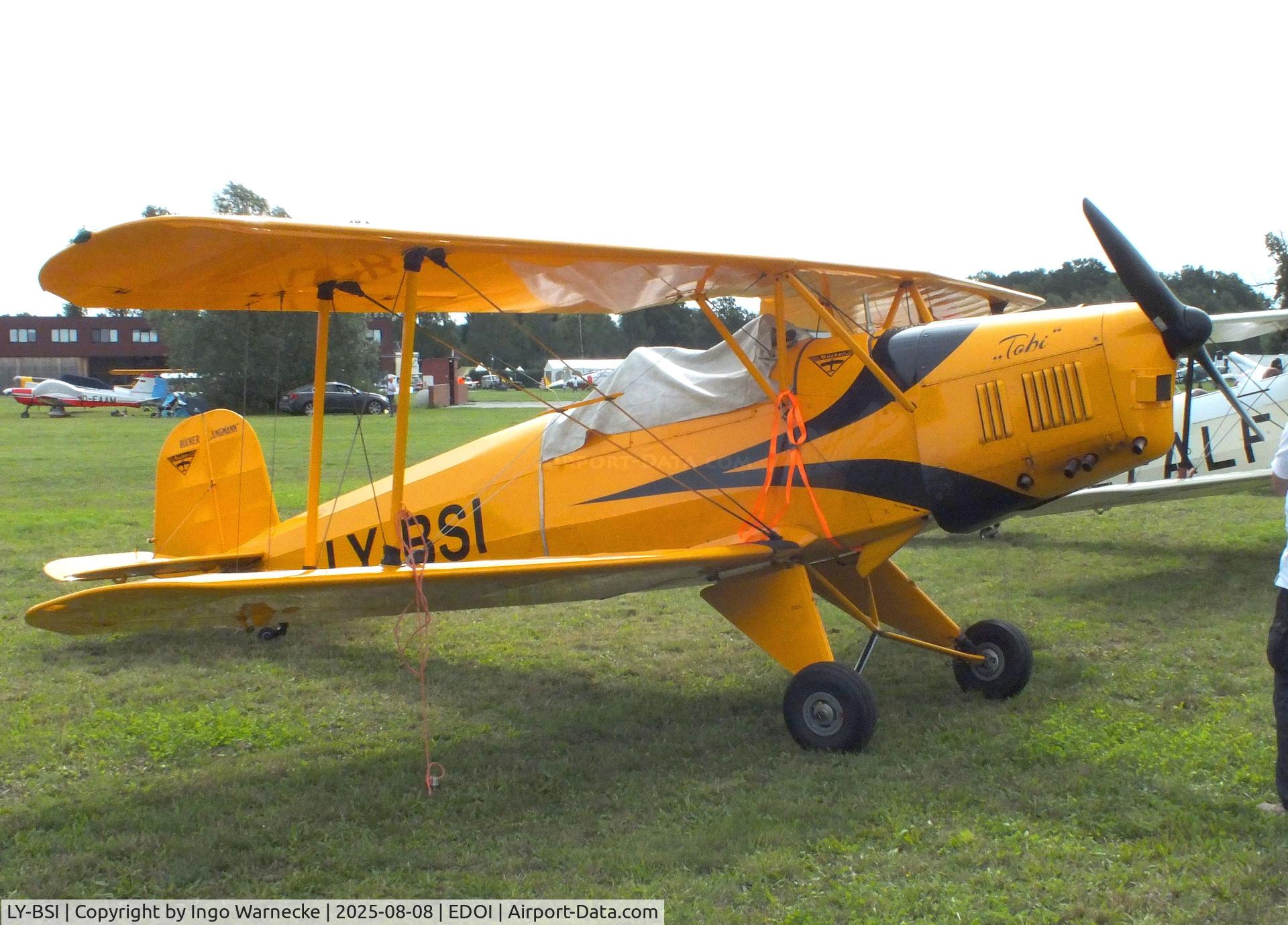 LY-BSI, Serwis Samolotów Historycznych T-131PA Jungmann C/N 003, Serwis Samolotów Historycznych (SSH, Historic Aircraft Services) T-131PA Jungmann at Bienenfarm airfield during the 2025 Quax Bücker-Treffen (Bücker-Meeting) and Vintage Aerobatic World Championships