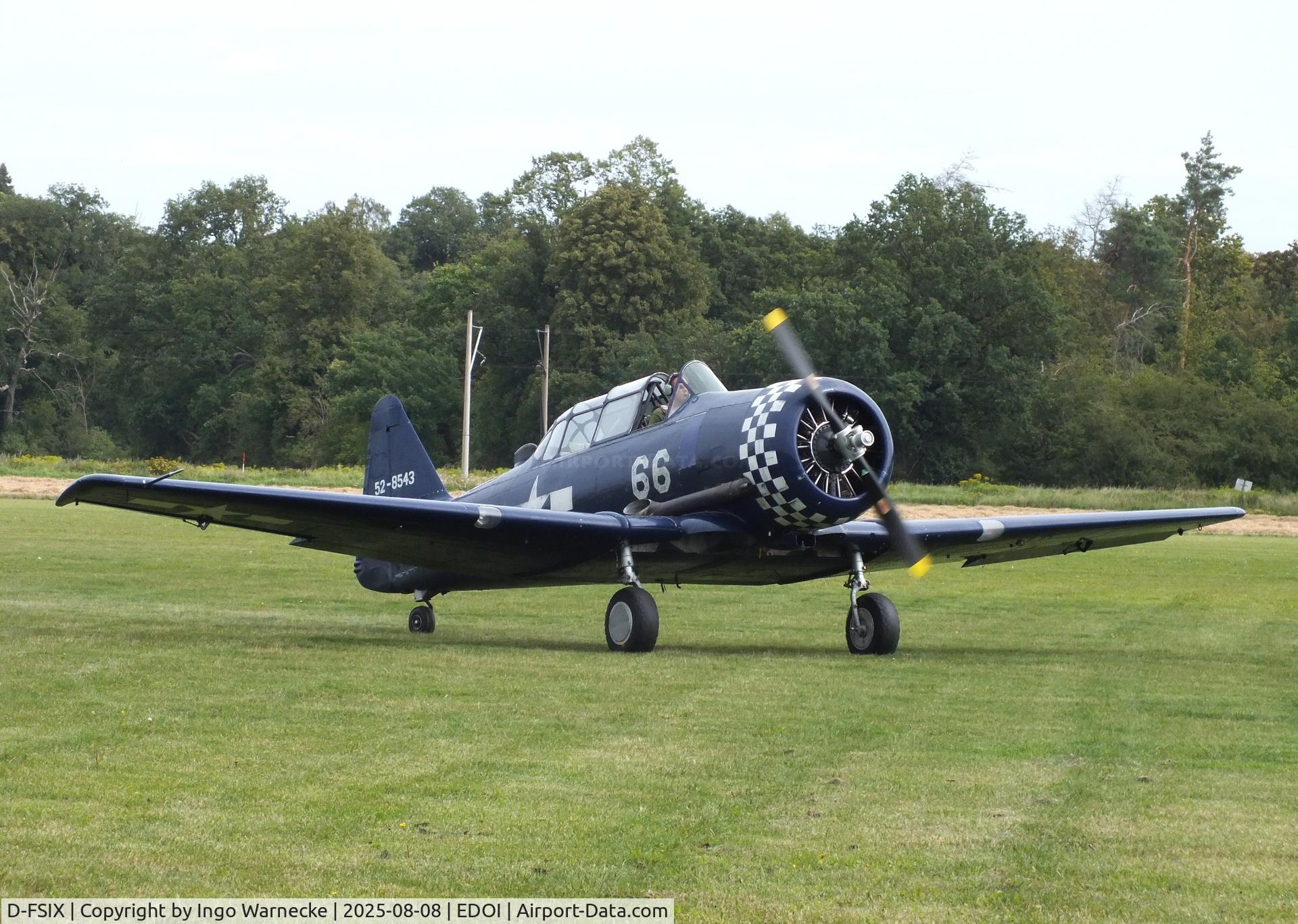 D-FSIX, 1953 North American T-6J Harvard Mk. IV C/N CCF-4-464, Canadian Car & Foundry (CCF) Harvard Mk4 (North American T-6) at Bienenfarm airfield during the 2025 Quax Bücker-Treffen (Bücker-Meeting) and Vintage Aerobatic World Championships