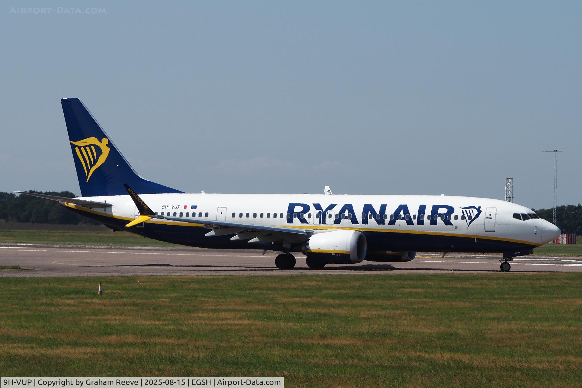 9H-VUP, 2021 Boeing 737-8-200 MAX C/N 62334, About to depart from Norwich.