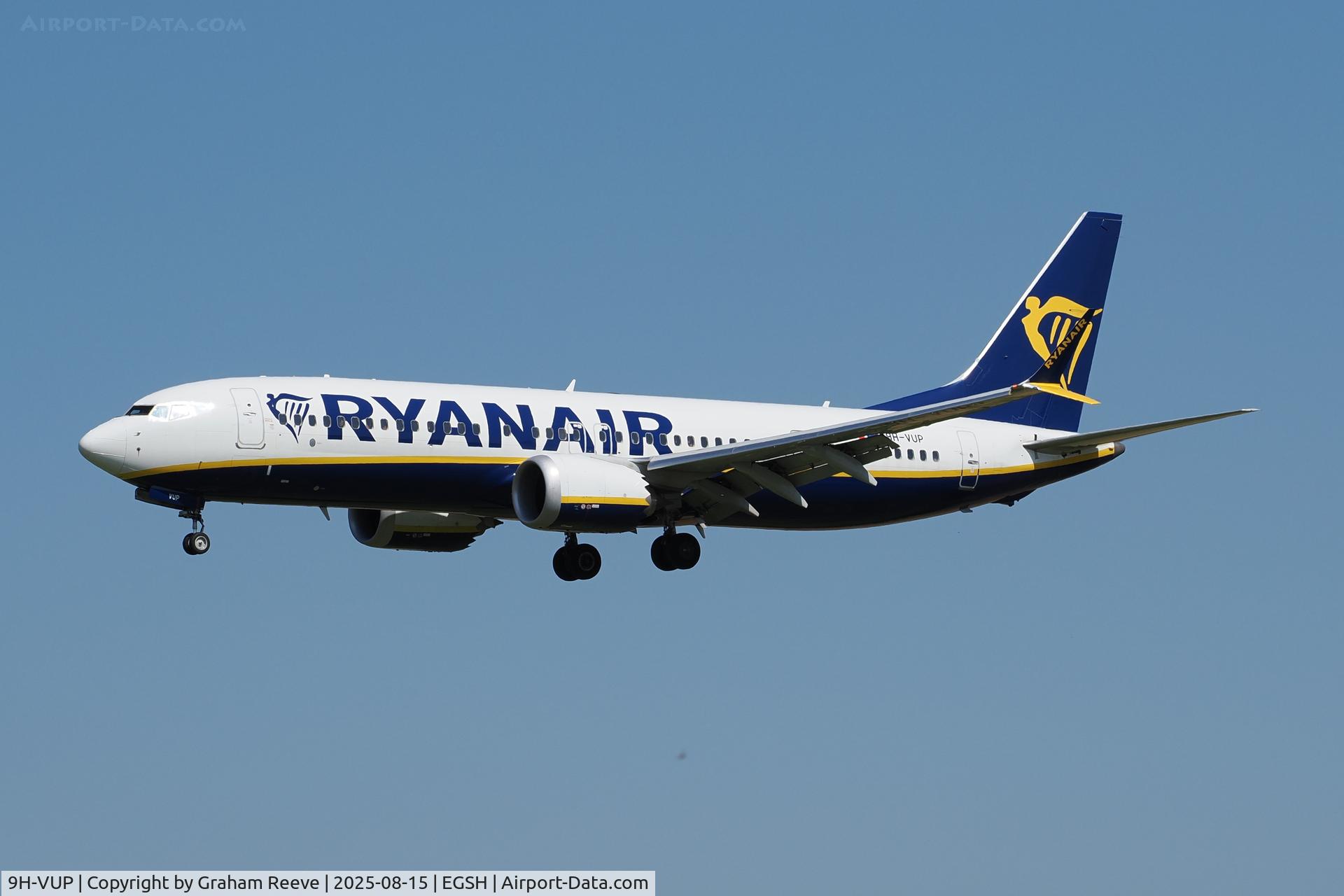 9H-VUP, 2021 Boeing 737-8-200 MAX C/N 62334, Landing at Norwich.