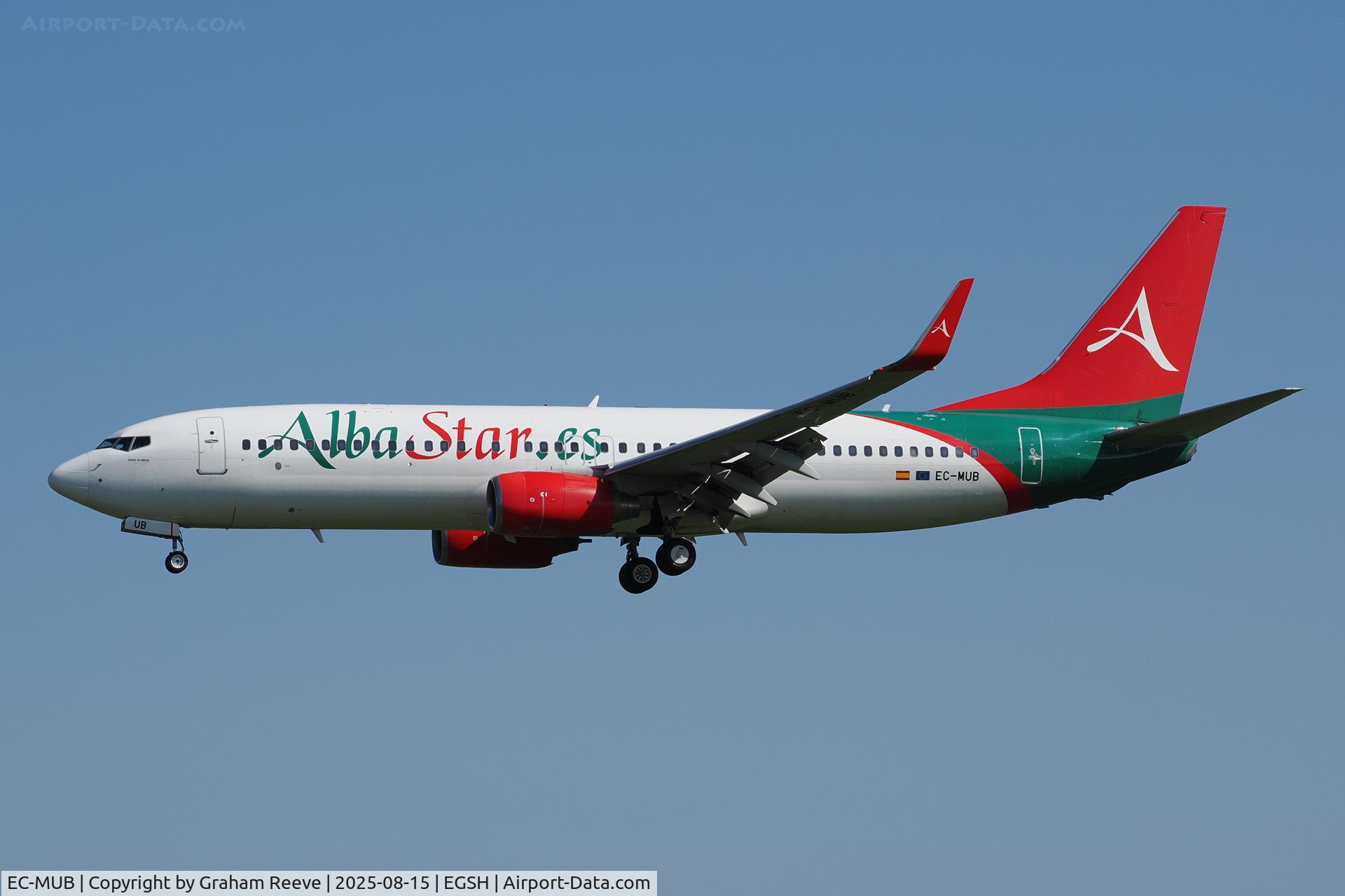 EC-MUB, 2003 Boeing 737-86J C/N 32920, Landing at Norwich.