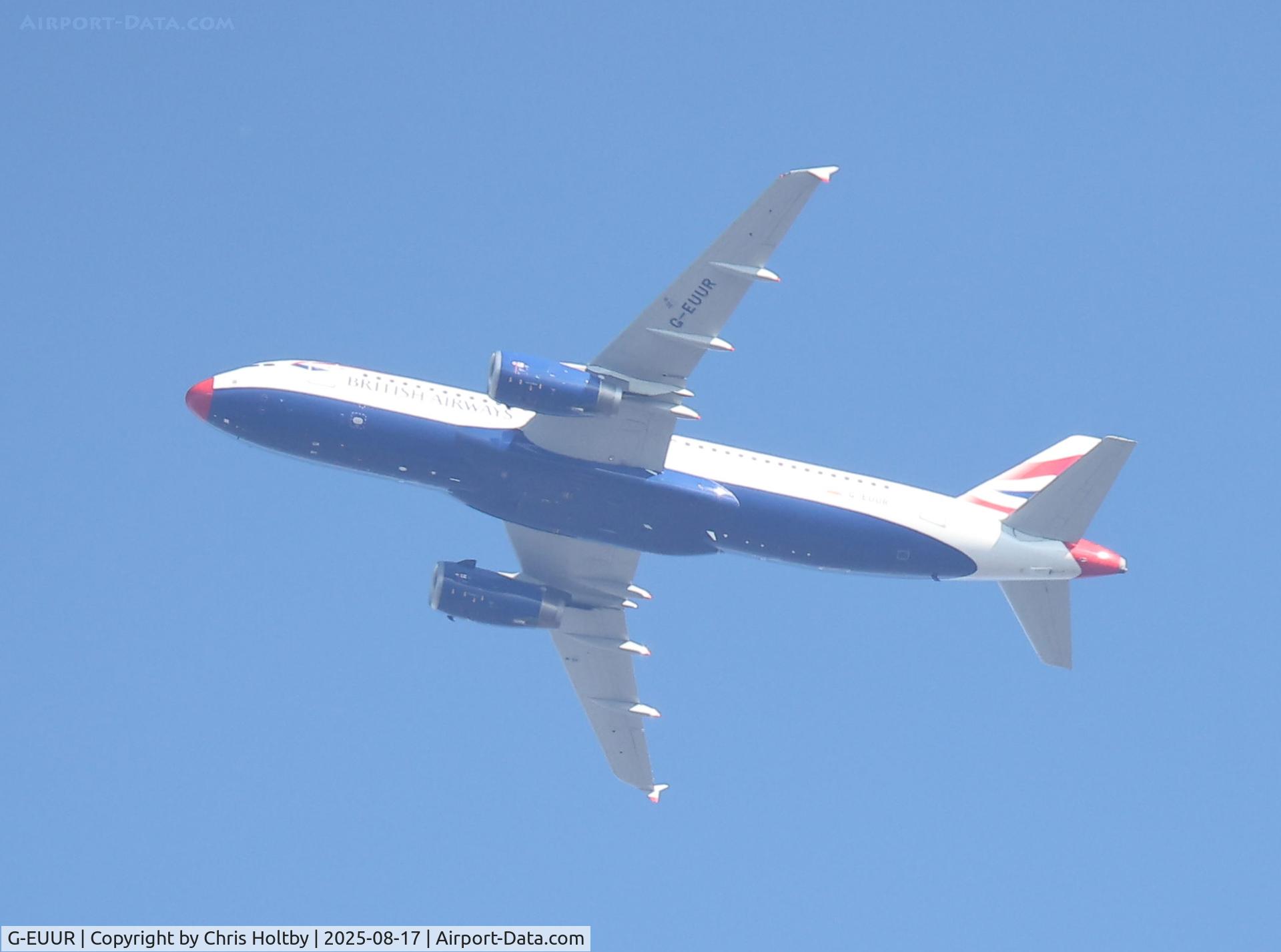 G-EUUR, 2003 Airbus A320-232 C/N 2040, Taken from Potters Bar, Herts sporting a new red nose