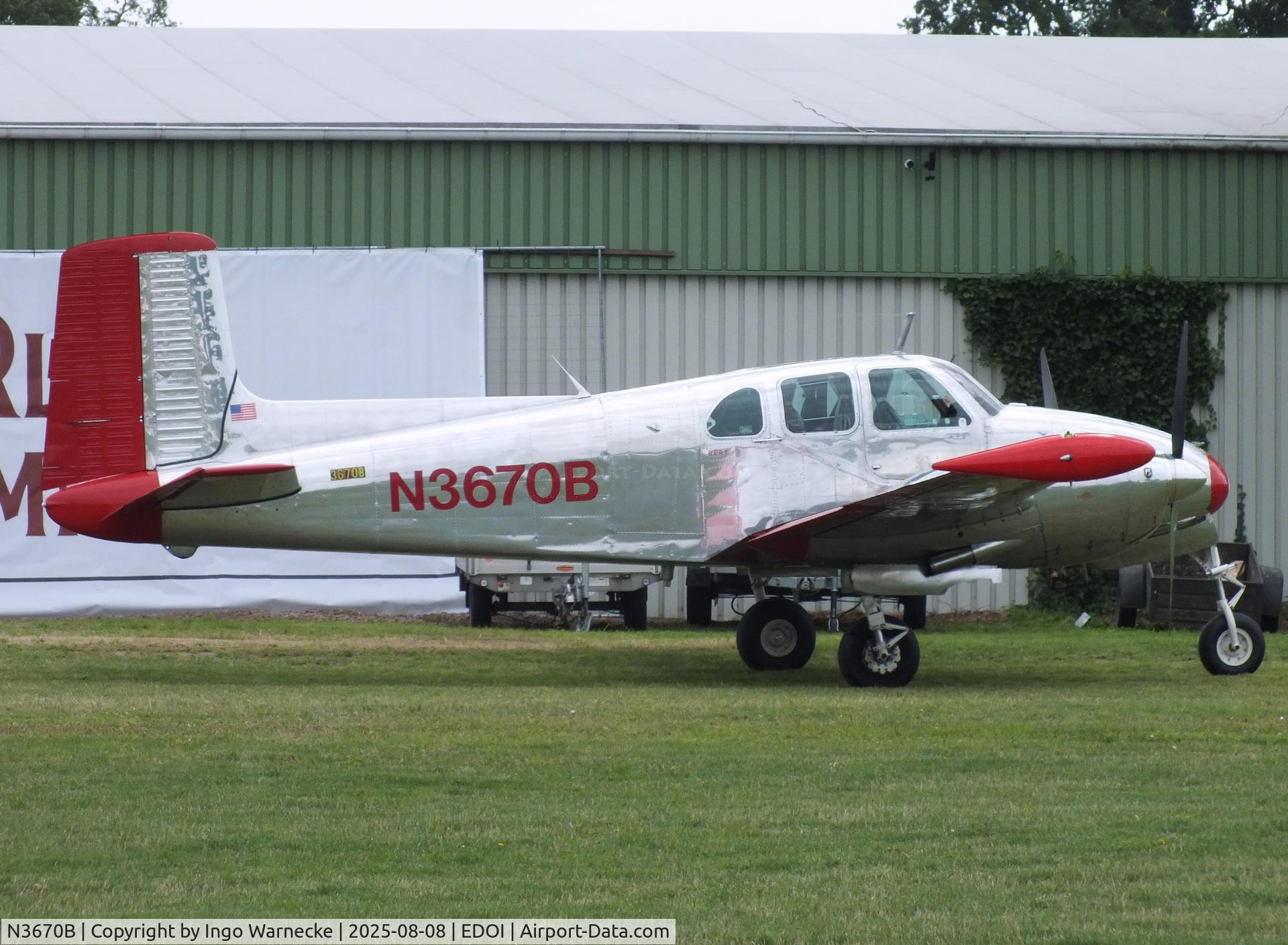 N3670B, 1954 Beech B50 C/N CH-63, Beechcraft B50 Twin Bonanza at Bienenfarm airfield during the 2025 Quax Bücker-Treffen (Bücker-Meeting) and Vintage Aerobatic World Championships