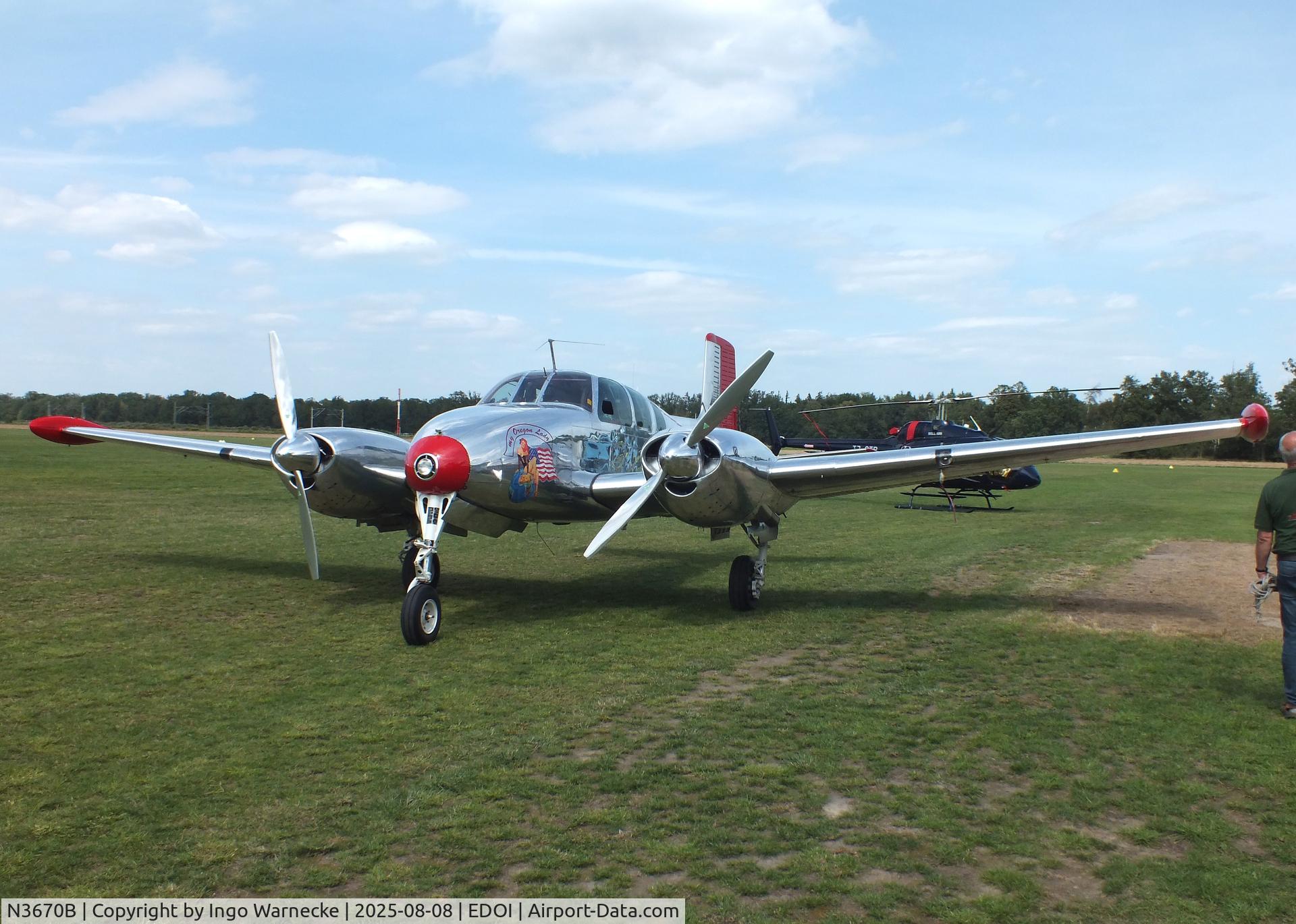 N3670B, 1954 Beech B50 C/N CH-63, Beechcraft B50 Twin Bonanza at Bienenfarm airfield during the 2025 Quax Bücker-Treffen (Bücker-Meeting) and Vintage Aerobatic World Championships