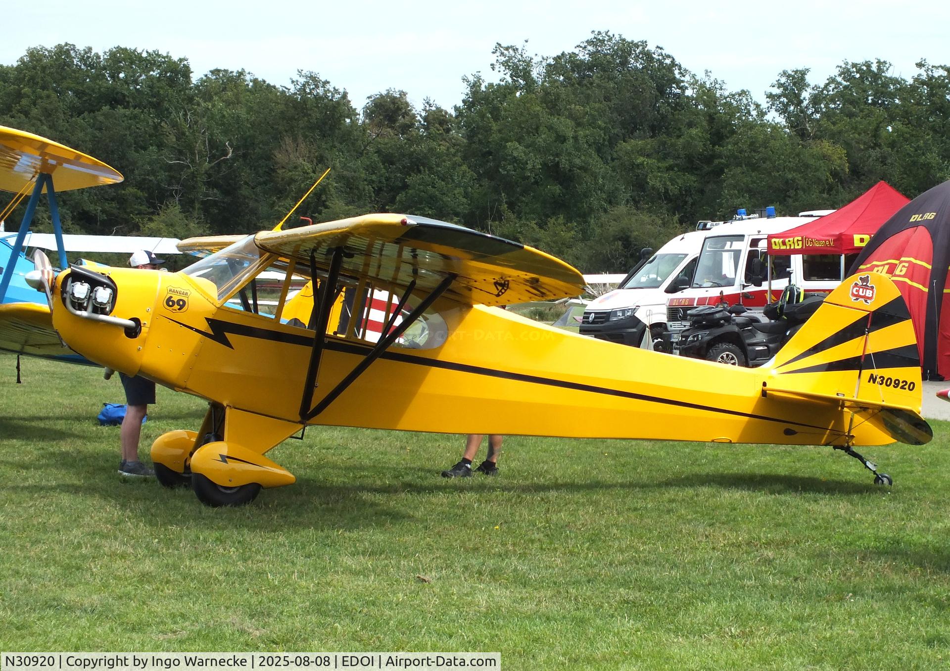 N30920, 1940 Piper J3C-65 Cub C/N 5202, Piper J3C-65 Cub at Bienenfarm airfield during the 2025 Quax Bücker-Treffen (Bücker-Meeting) and Vintage Aerobatic World Championships