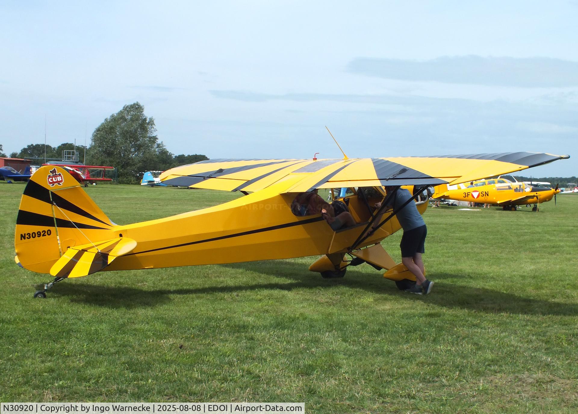 N30920, 1940 Piper J3C-65 Cub C/N 5202, Piper J3C-65 Cub at Bienenfarm airfield during the 2025 Quax Bücker-Treffen (Bücker-Meeting) and Vintage Aerobatic World Championships