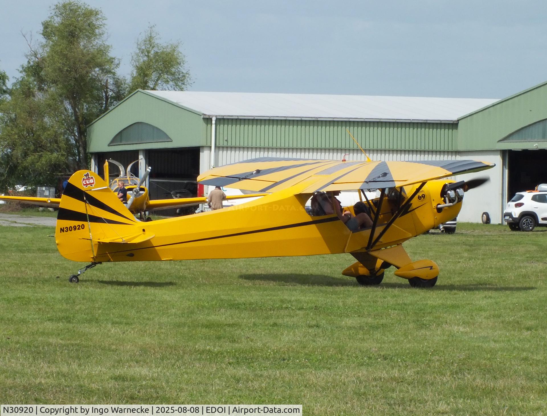 N30920, 1940 Piper J3C-65 Cub C/N 5202, Piper J3C-65 Cub at Bienenfarm airfield during the 2025 Quax Bücker-Treffen (Bücker-Meeting) and Vintage Aerobatic World Championships