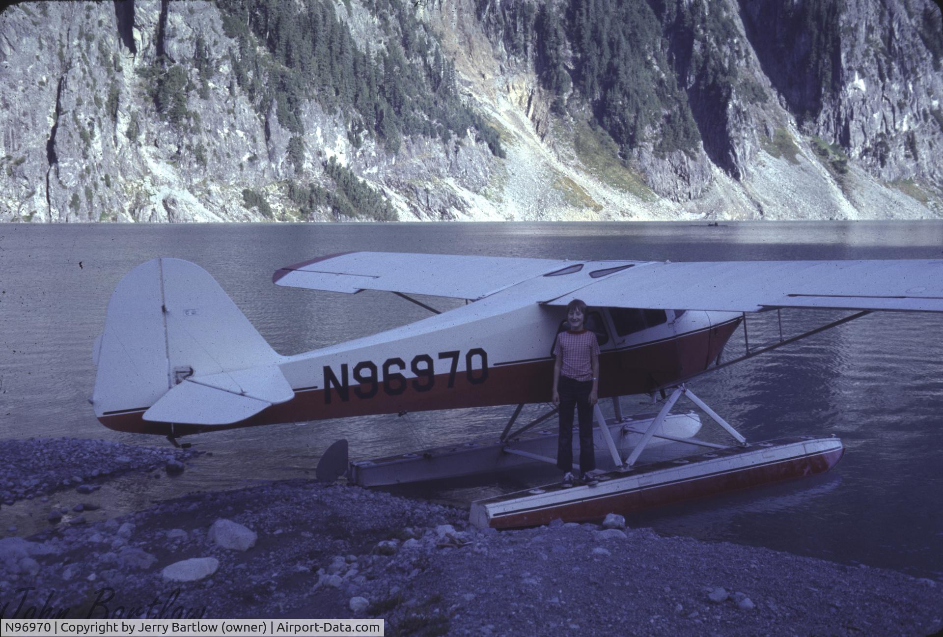 N96970, 1946 Taylorcraft BC-12D-85 Sportsman C/N 9270, N96970 parked at Lake Blanca in the North Cascades.  Likely date of 1974