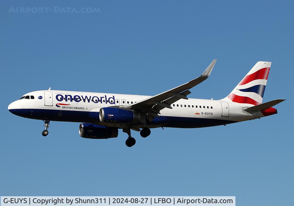 G-EUYS, 2013 Airbus A320-232 C/N 5948, Landing rwy 14R with One World titles...