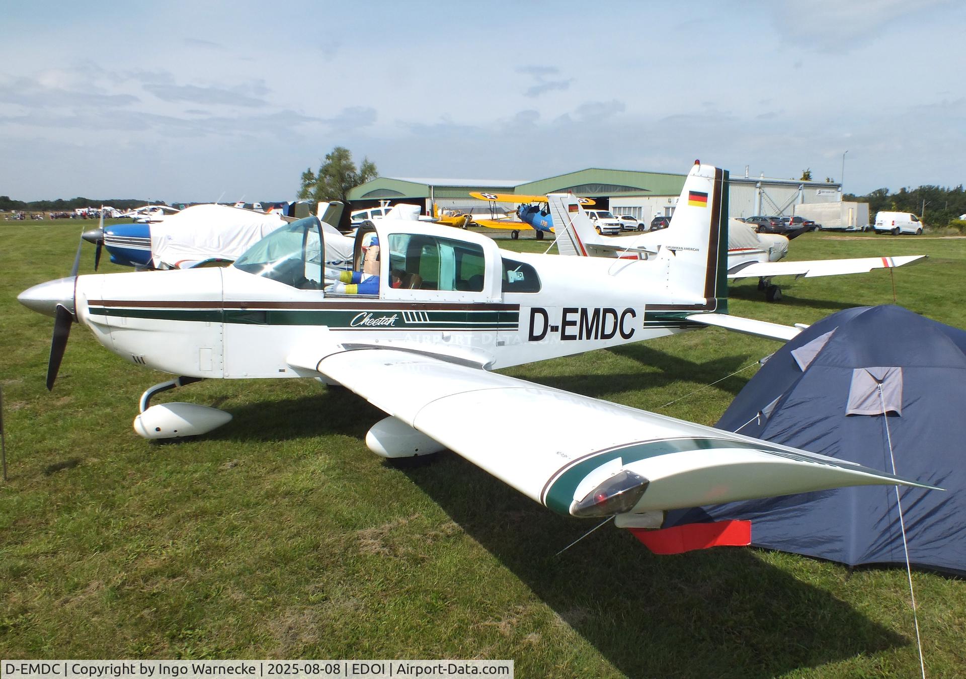 D-EMDC, Grumman American AA-5A Cheetah C/N AA05-0045, Grumman American AA-5A Cheetah at Bienenfarm airfield during the 2025 Quax Bücker-Treffen (Bücker-Meeting) and Vintage Aerobatic World Championships