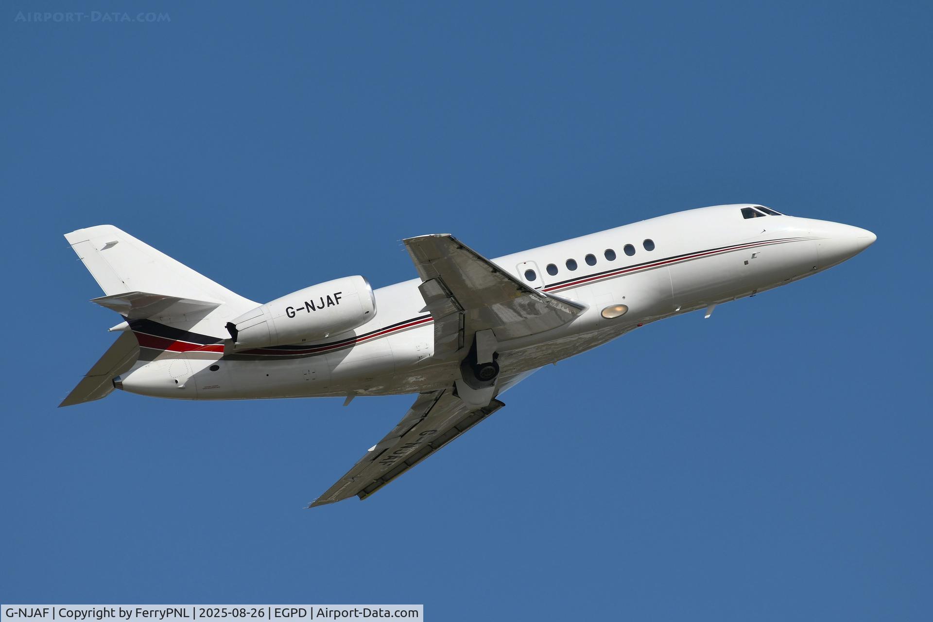 G-NJAF, 2006 Dassault Falcon 2000EX C/N 086, Steep climb out of ABZ for this Netjets DA200EX