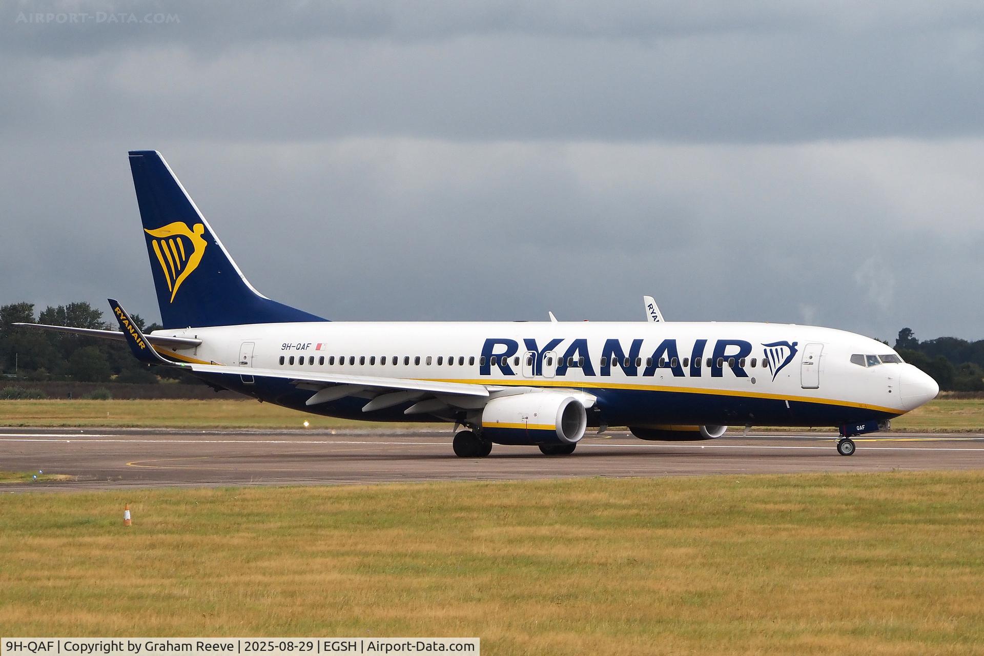 9H-QAF, 2018 Boeing 737-8AS C/N 44811, Just landed at Norwich.