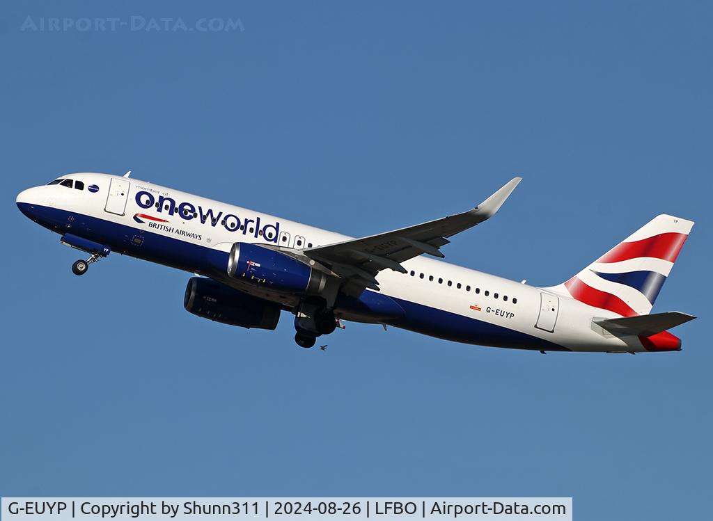 G-EUYP, 2013 Airbus A320-232 C/N 5784, Climbing after take off from rwy 32L... One World c/s