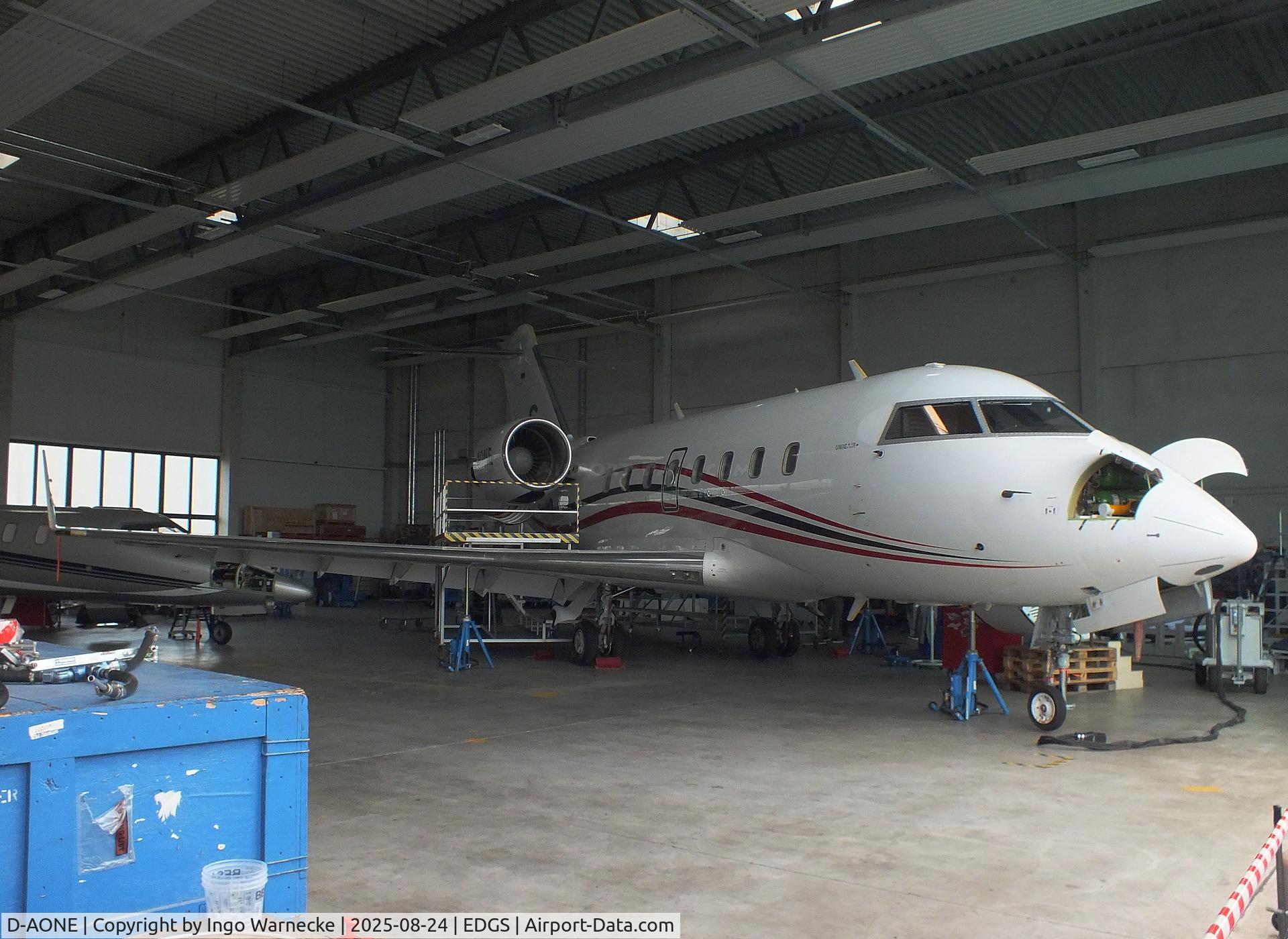 D-AONE, 1999 Bombardier Challenger 604 (CL-600-2B16) C/N 5430, Canadair (Bombardier) CL-600-2B16 Challenger 604, undergoing maintenance at Siegerlandflughafen (Siegerland airport), Burbach during the 2025 Flughafenfest (airport open day)