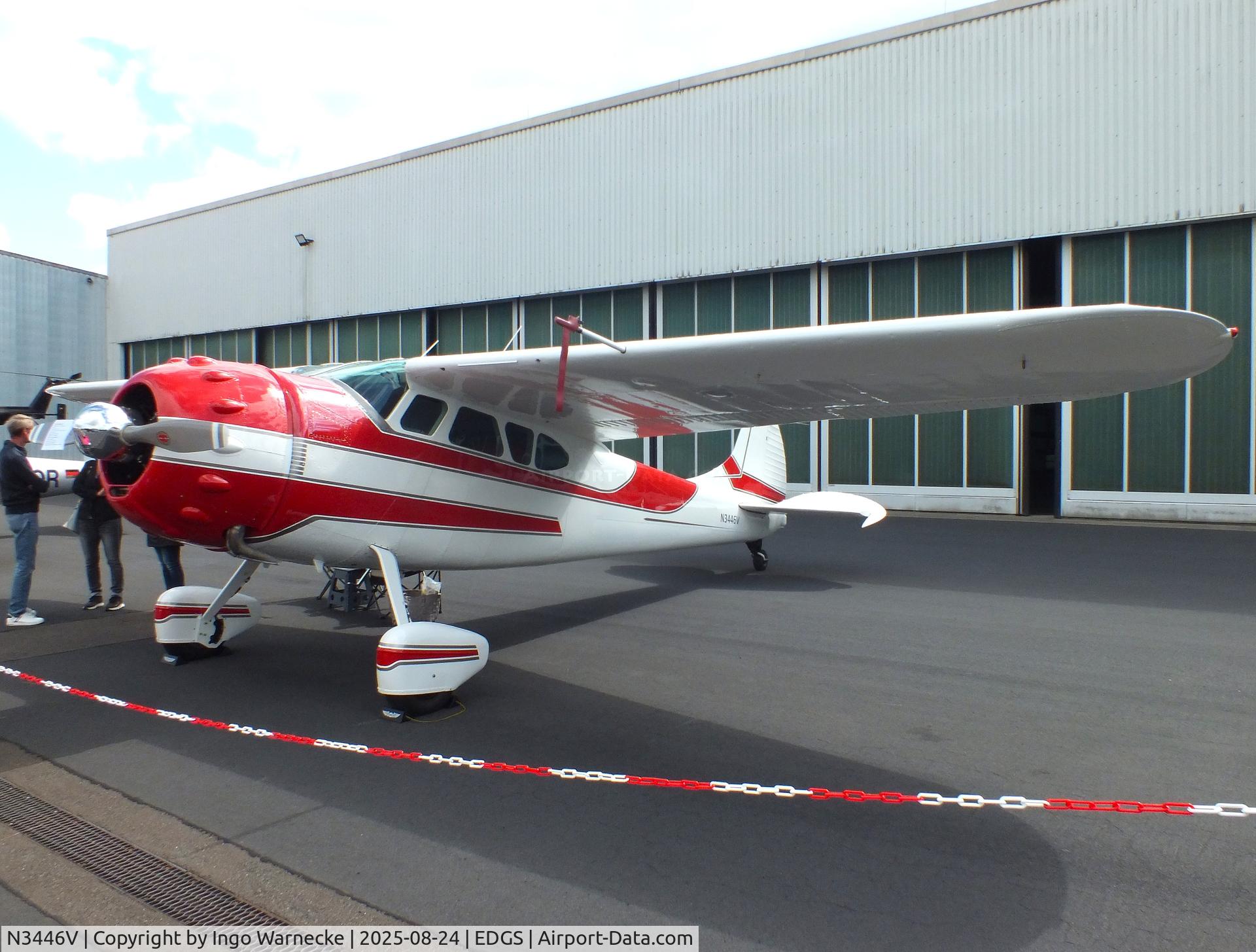 N3446V, 1948 Cessna 195A C/N 7136, Cessna 195A at the 2025 Flughafenfest (airport open day) at Siegerlandflughafen (Siegerland airport), Burbach