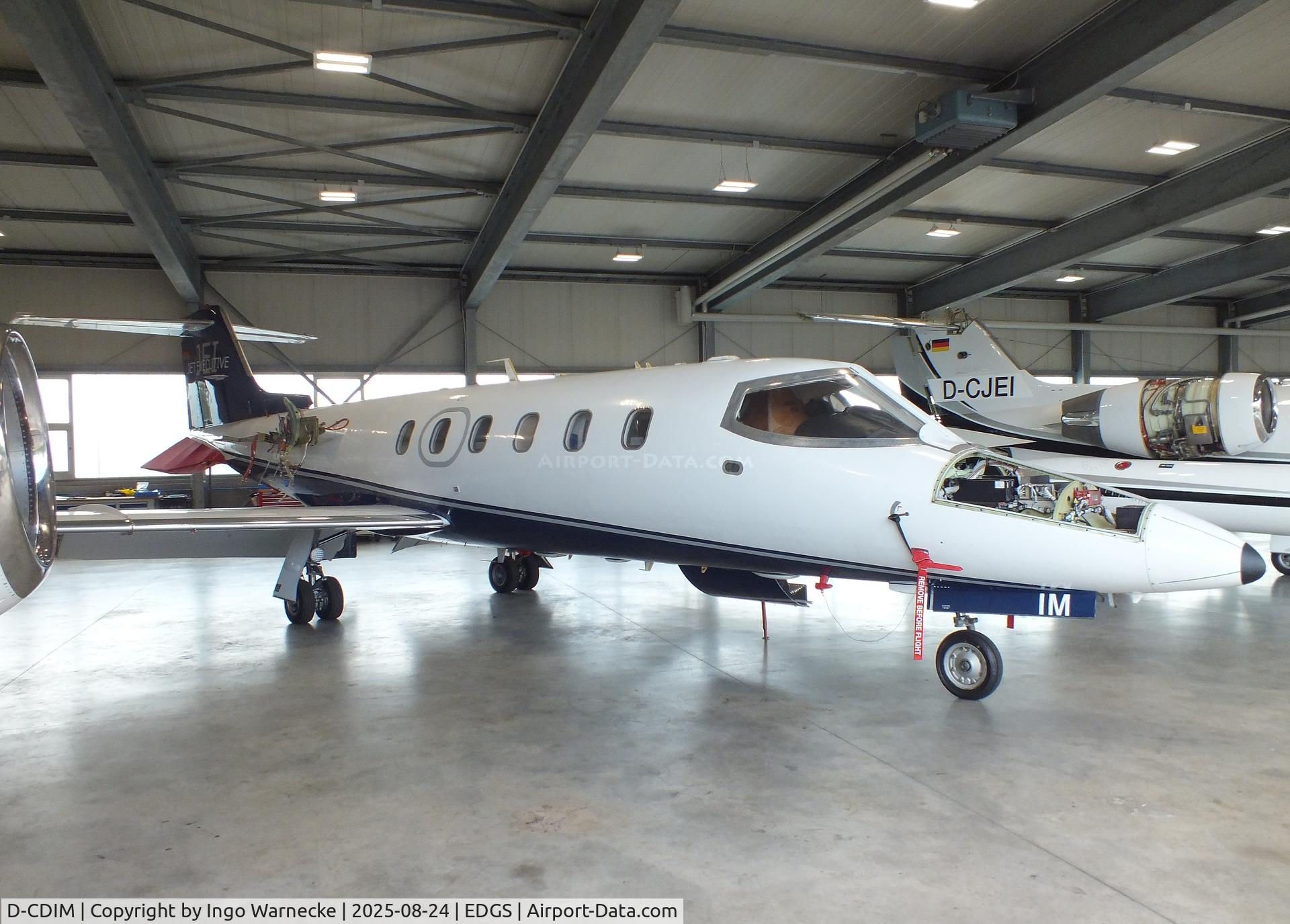 D-CDIM, 1990 Gates Learjet 35A C/N 35-664, Gates Learjet 35A, undergoing maintenance at Siegerlandflughafen (Siegerland airport), Burbach during the 2025 Flughafenfest (airport open day)