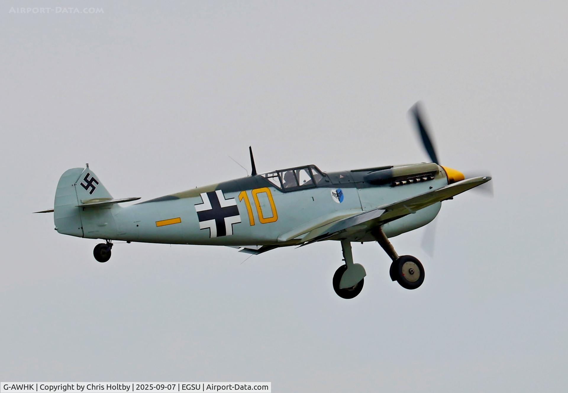 G-AWHK, 1949 Hispano HA-1112-M1L Buchon C/N 172, Taking to the air at Duxford for the Battle of Britain Airshow 2025