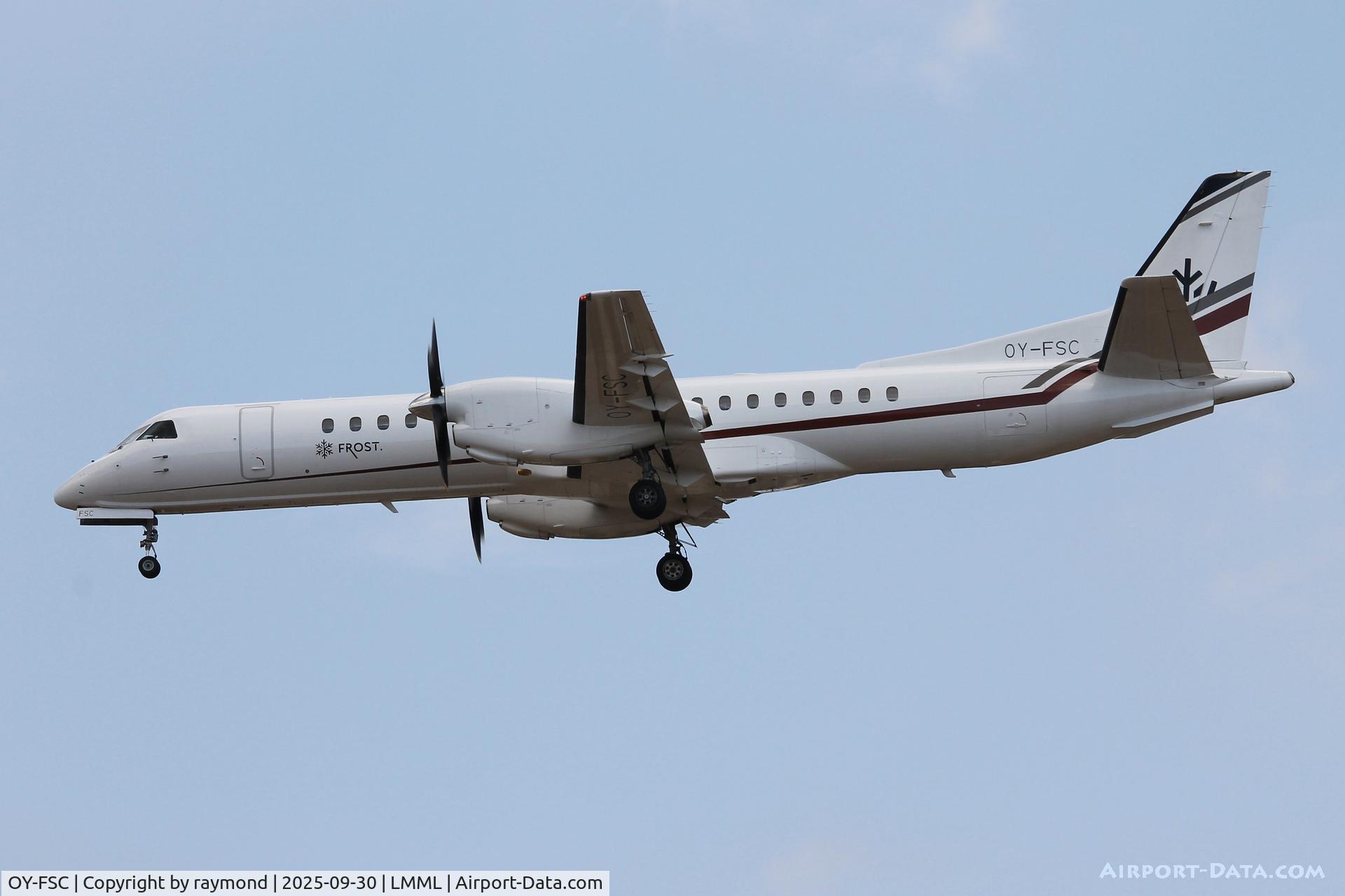OY-FSC, 1996 Saab 2000 C/N 2000-039, Frost Air Saab 2000 reg OY-FSC on final approach to RW31 in Malta flying in from Malmoe.