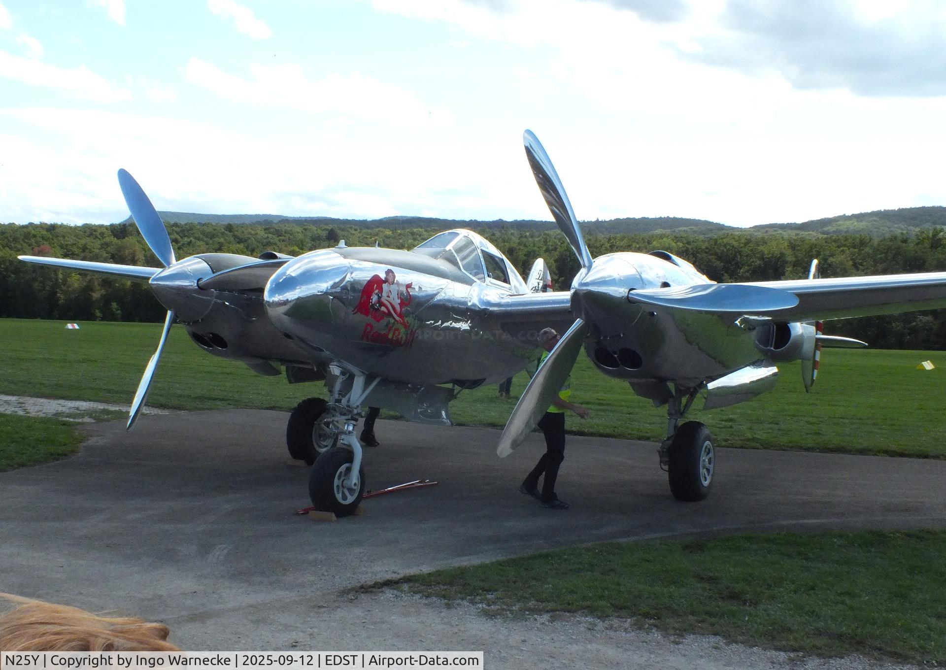 N25Y, 1944 Lockheed P-38L-5LO Lightning C/N AF44-53254, Lockheed P-38L Lightning at the 2025 Hahnweide Fly-in, Kirchheim unter Teck airfield