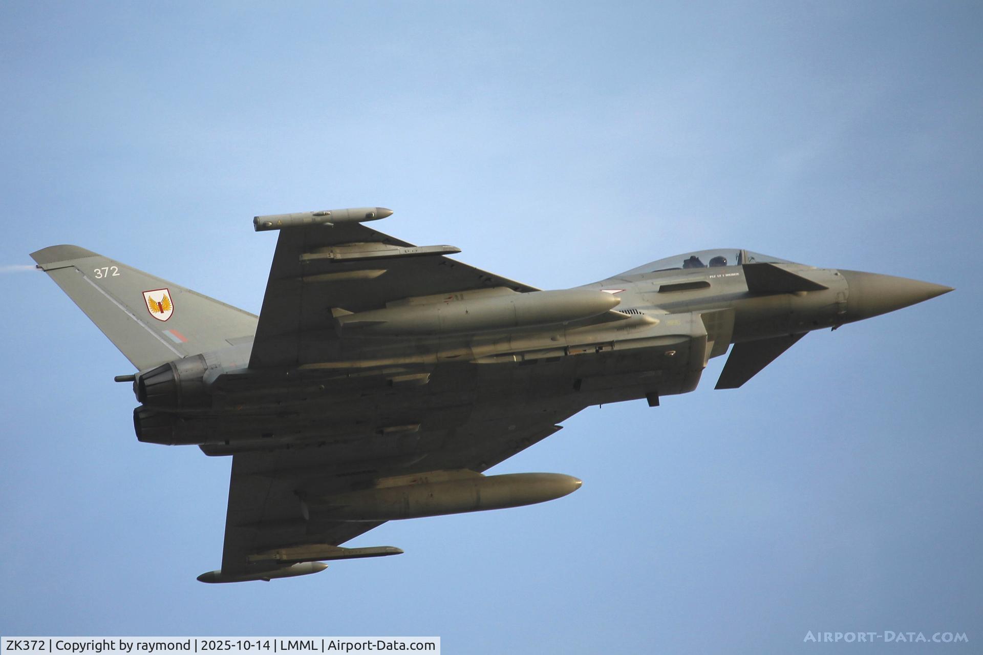 ZK372, 2016 Eurofighter EF-2000 Typhoon FGR4 C/N BS133/480, Eurofighter EF-2000 Typhoon FGR4 reg ZK372 of No1Sqn Royal Air Force on the climb out of RW23, departing to perform a fly past over the town of Zabbar in Malta, in commemoration with the unfortunate air accident which involved an RAF Vulcan Bomber reg XM6