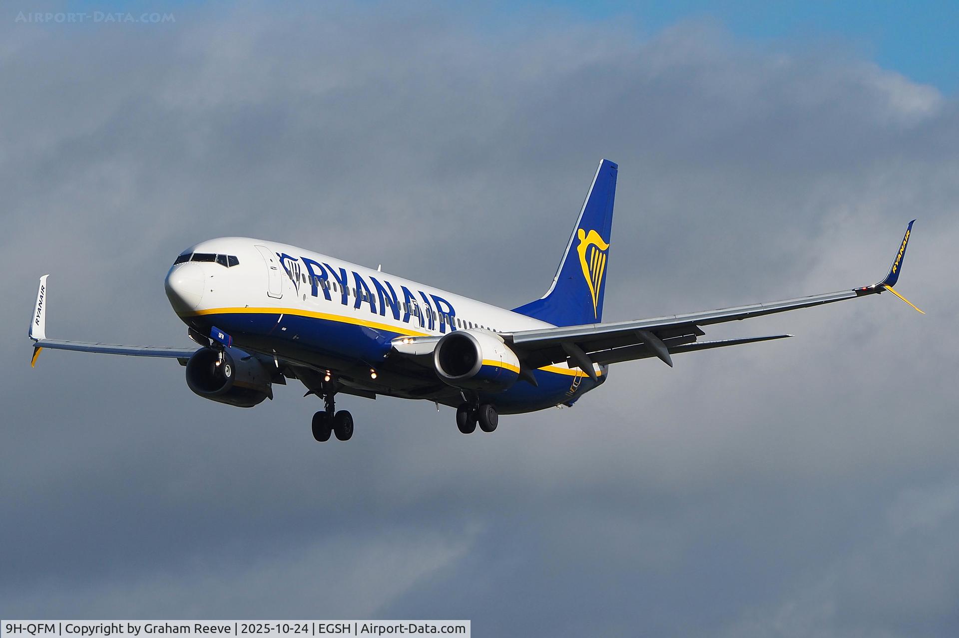 9H-QFM, 2008 Boeing 737-8AS C/N 37515, Landing at Norwich.