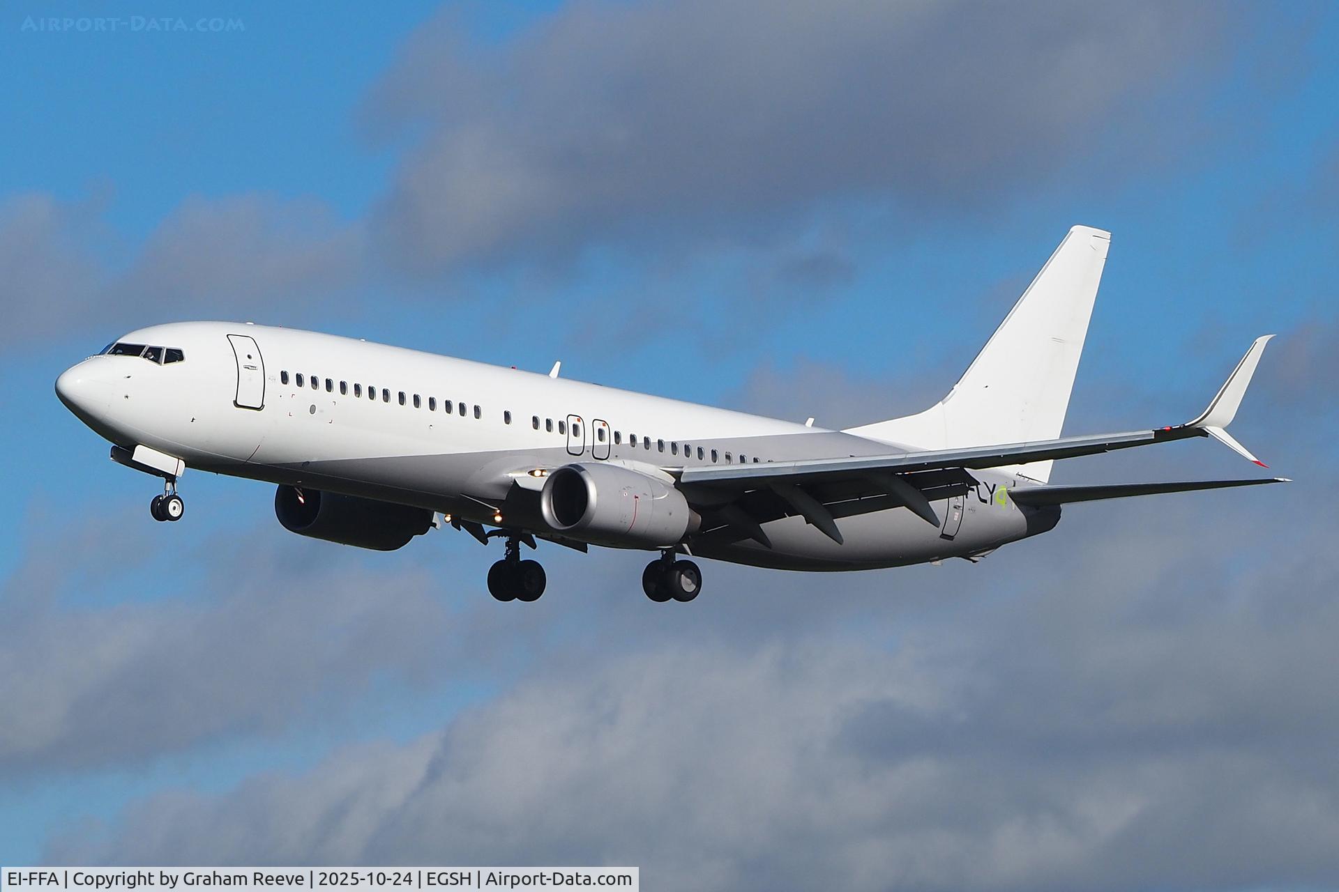 EI-FFA, 2011 Boeing 737-8K5 C/N 38097, Landing at Norwich. EI-FFA, 2011 Boeing 737-8K5 C/N 38097, Landing at Norwich.