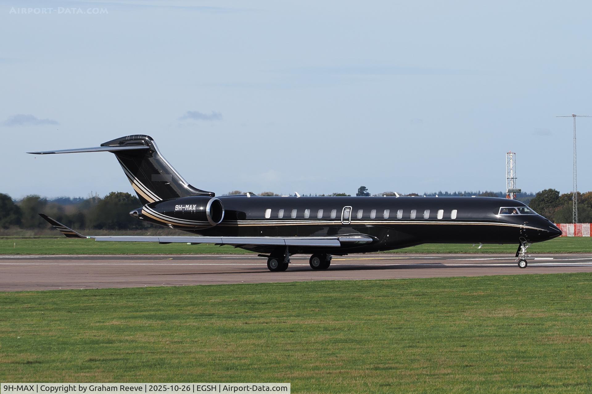 9H-MAX, 2022 Bombardier BD700 Global 7500 C/N 70148, Departing from Norwich. 9H-MAX, 2022 Bombardier BD700 Global 7500 C/N 70148, Departing from Norwich.