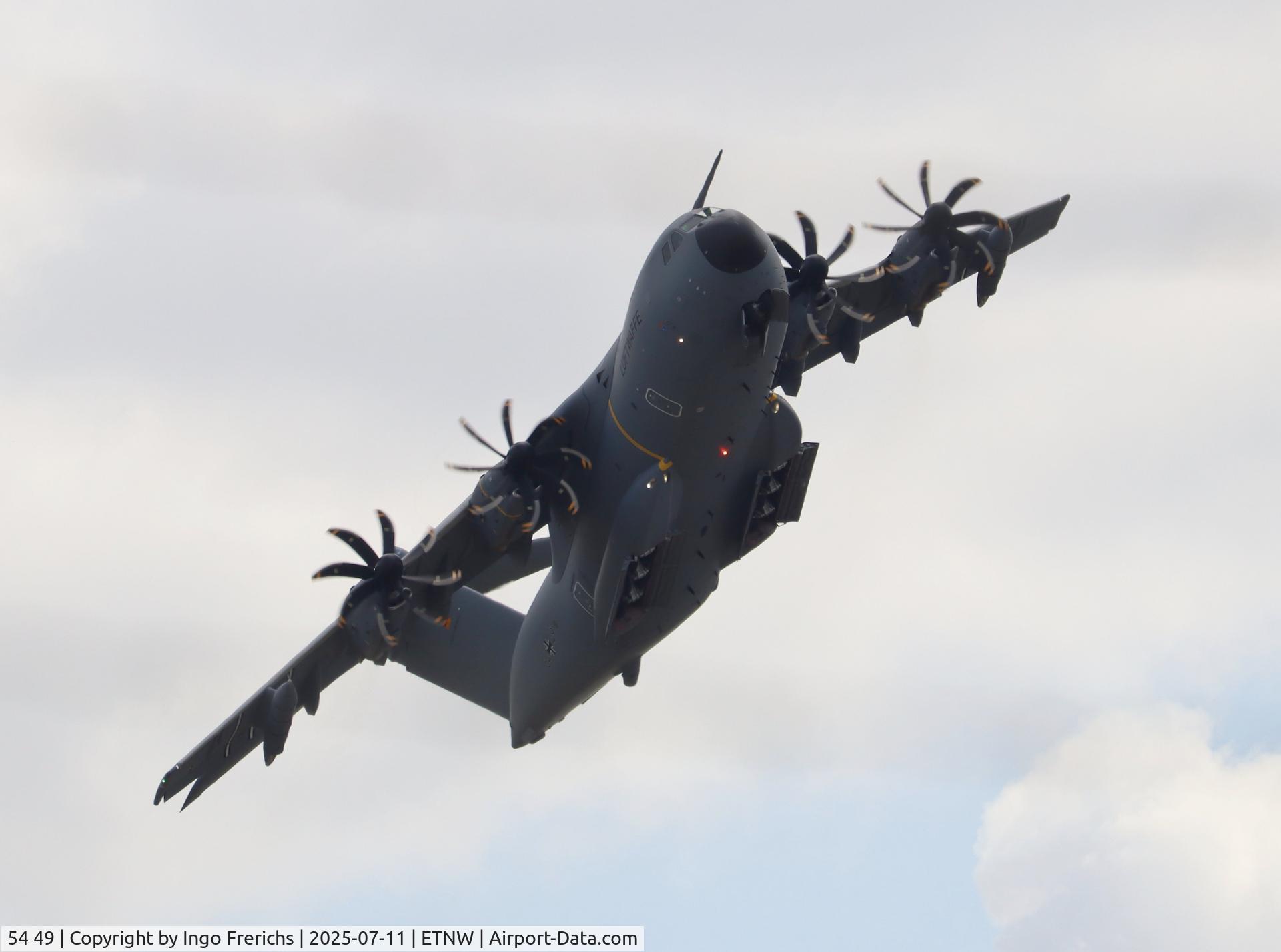 54 49, 2024 Airbus A400M-180 C/N 143, A400M-180 54 49 flies over Wunstorf Air Base (ETNW). Undercarriage open. 54 49, 2024 Airbus A400M-180 C/N 143, A400M-180 54 49 flies over Wunstorf Air Base (ETNW). Undercarriage open.
