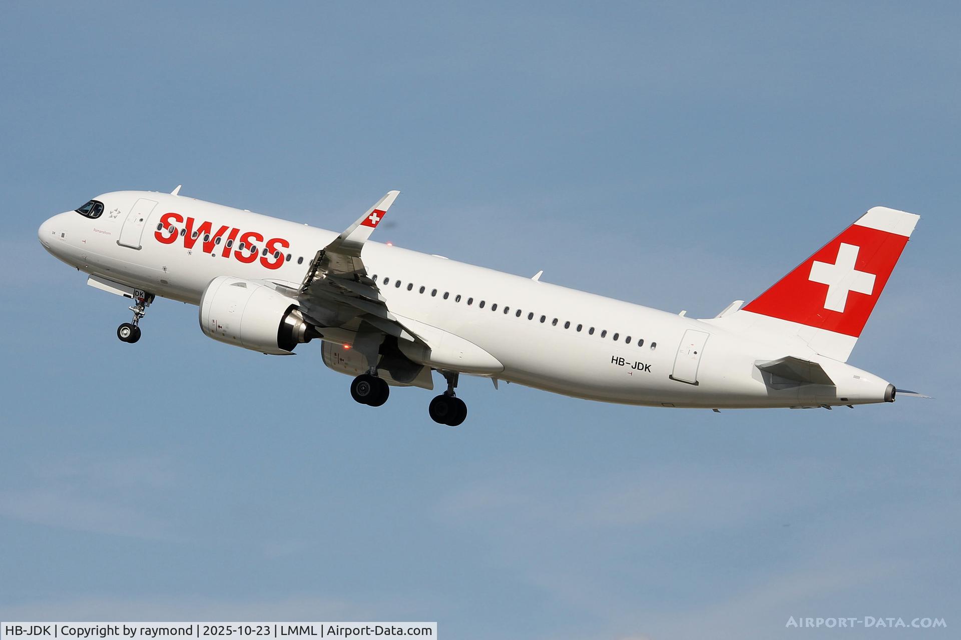 HB-JDK, 2025 Airbus A320-271 NX C/N 12565, Airbus A320-271NX of Swiss reg HB-JDK in the climbout of RW31 departing to ZRH.