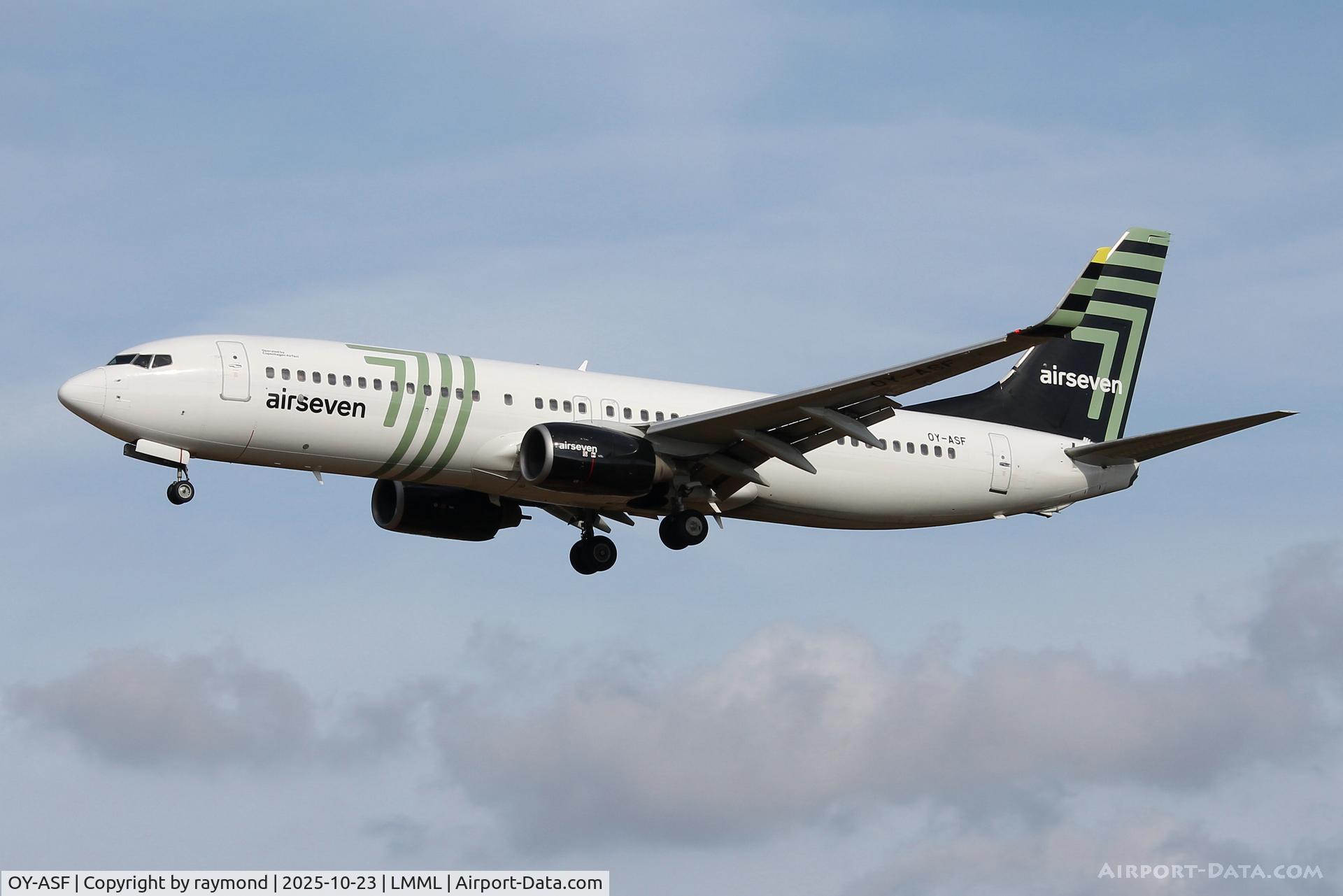 OY-ASF, 2007 Boeing 737-8GJ C/N 34904, Boeing 737-8GJ reg OY-ASF of Air Seven on final approach to RW31 landing in Malta. OY-ASF, 2007 Boeing 737-8GJ C/N 34904, Boeing 737-8GJ reg OY-ASF of Air Seven on final approach to RW31 landing in Malta.
