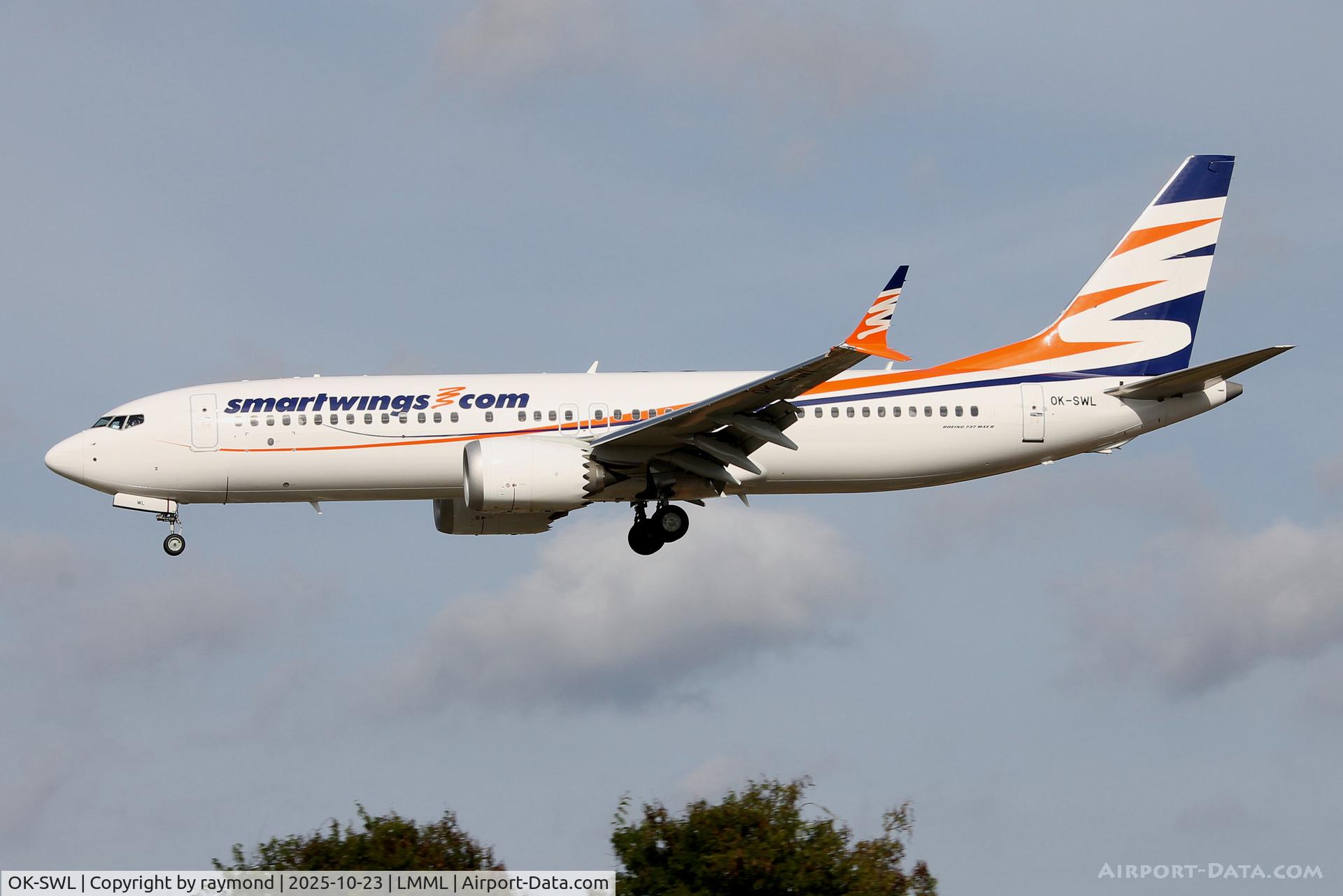 OK-SWL, 2019 Boeing 737-8 MAX C/N 43565, Boeing 737-8 MAX reg OK-SWL of Smartwings landing in Malta RW31 on a chartered flight. OK-SWL, 2019 Boeing 737-8 MAX C/N 43565, Boeing 737-8 MAX reg OK-SWL of Smartwings landing in Malta RW31 on a chartered flight.