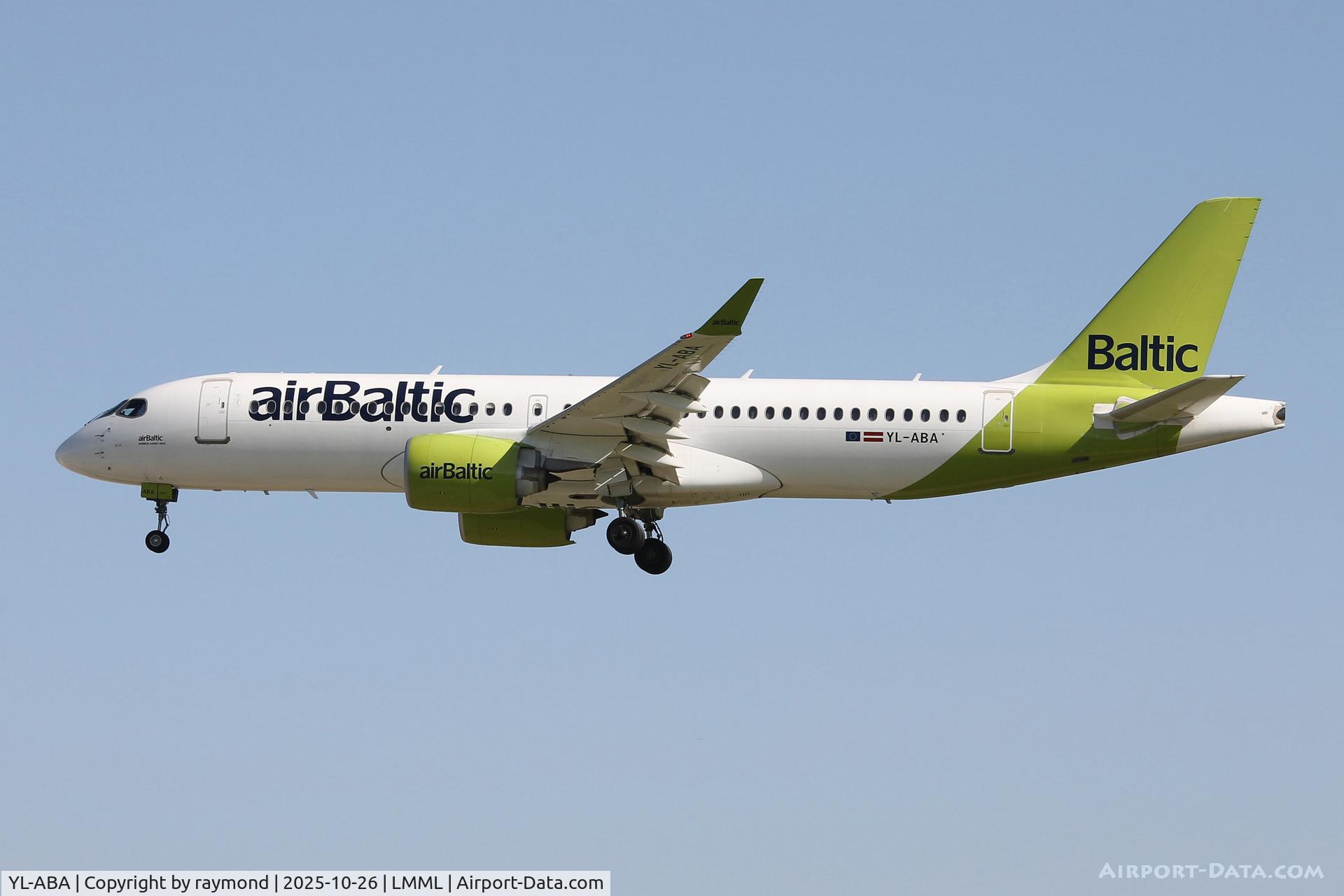 YL-ABA, 2021 Airbus A220-300 C/N 55121, Air Baltic Airbus A220-300 reg YL-ABA  landing in Malta RW31, coming in from Riga.