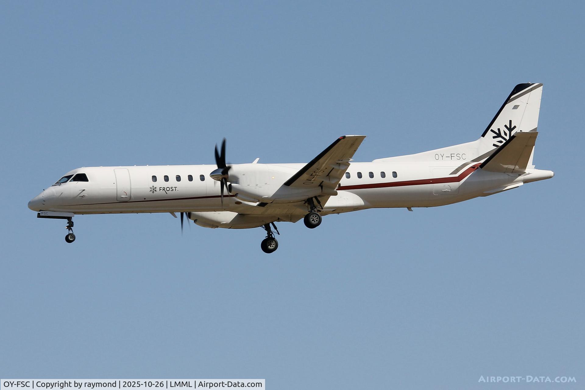 OY-FSC, 1996 Saab 2000 C/N 2000-039, Saab 2000 reg OY-FSC of Frost on final approach to land on RW31 Malta.