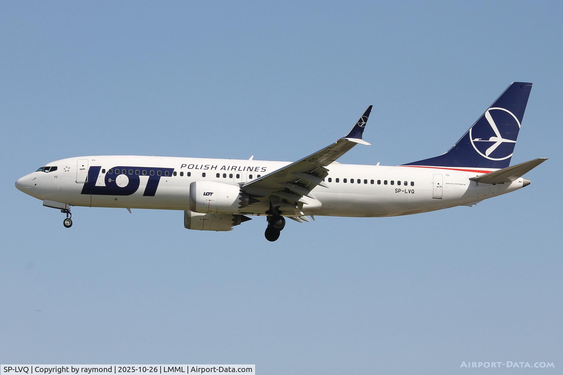 SP-LVQ, Boeing 737-8 MAX C/N 43975, Boeing 737-8 MAX reg SP-LVQ of LOT on a scheduled flight from Warsaw seen landing in Malta RW31. SP-LVQ, Boeing 737-8 MAX C/N 43975, Boeing 737-8 MAX reg SP-LVQ of LOT on a scheduled flight from Warsaw seen landing in Malta RW31.