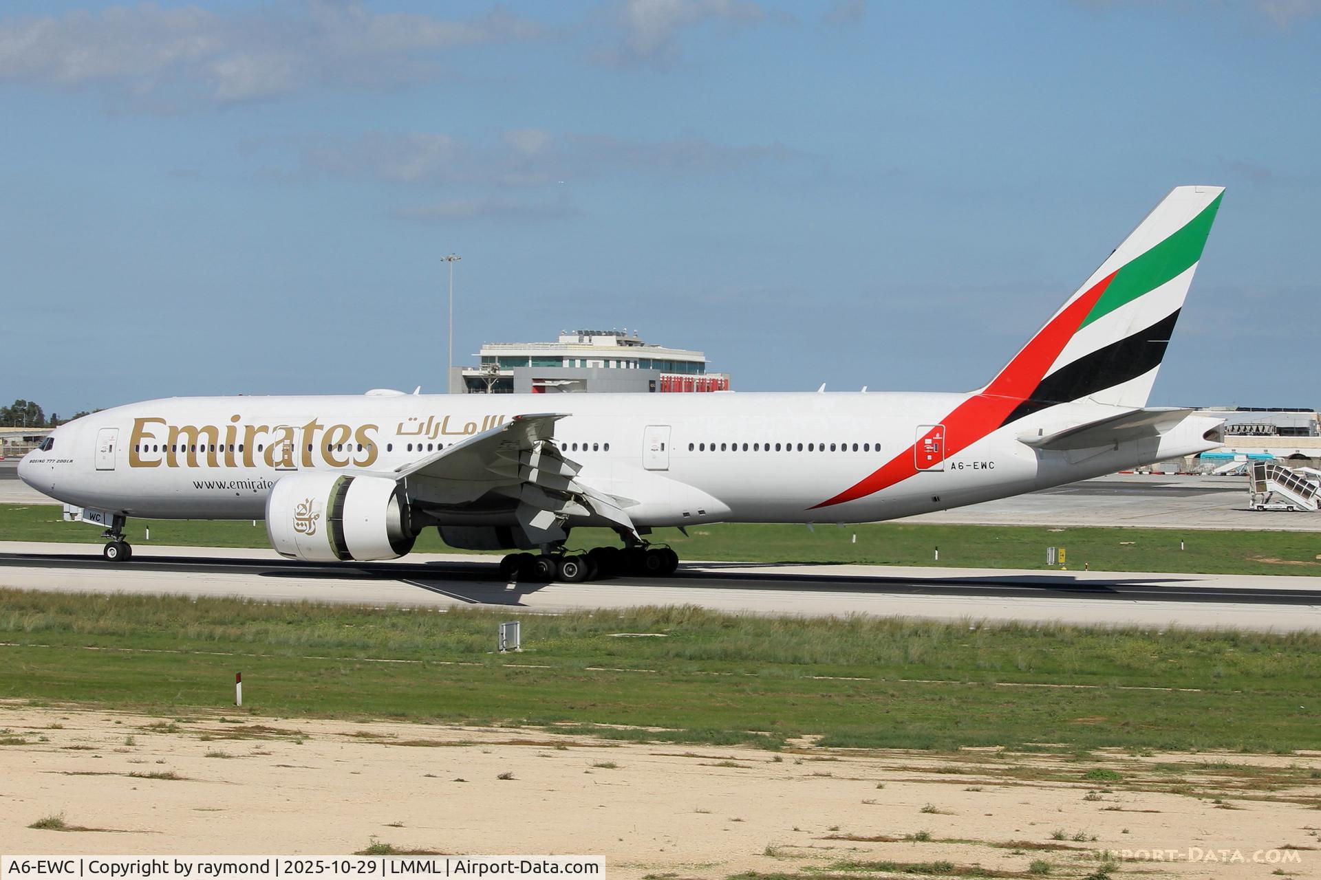 A6-EWC, 2007 Boeing 777-21H/LR C/N 35576, Emirates Airlines Boeing 777-21H/LR reg A6-EWC on the runway just after landing from DXB via LCA.