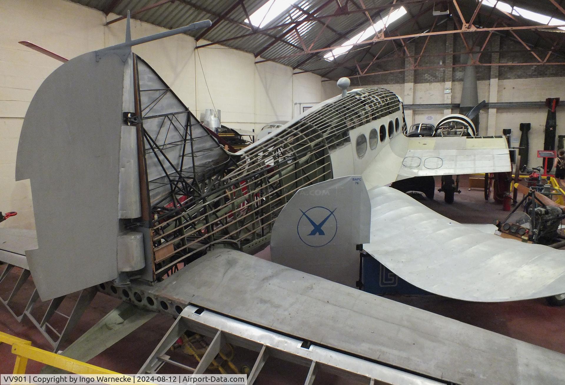 VV901, 1949 Avro 652A Anson T.21 C/N Not found VV901, Avro 652A Anson T21 (outer wings dismounted, minus parts of fuselage skin) being restored at the Yorkshire Air Museum, Elvington