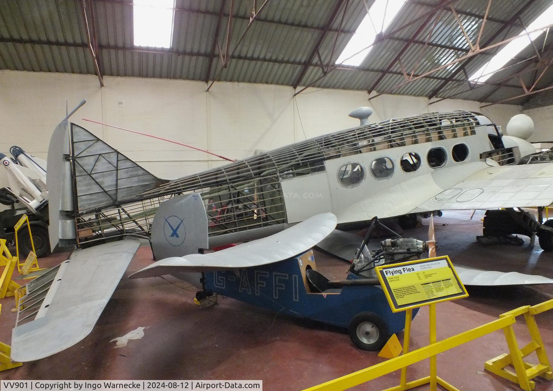 VV901, 1949 Avro 652A Anson T.21 C/N Not found VV901, Avro 652A Anson T21 (outer wings dismounted, minus parts of fuselage skin) being restored at the Yorkshire Air Museum, Elvington