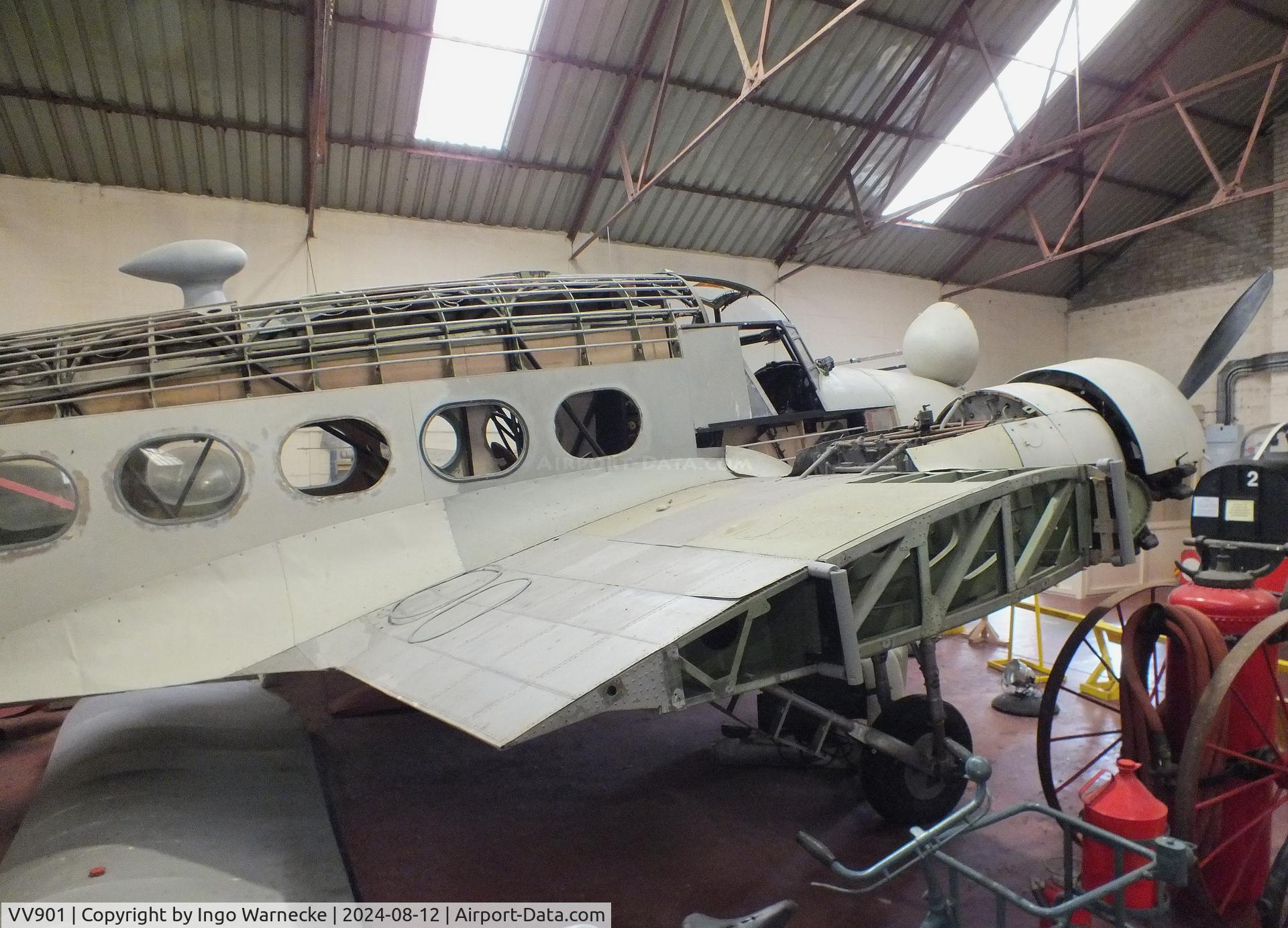 VV901, 1949 Avro 652A Anson T.21 C/N Not found VV901, Avro 652A Anson T21 (outer wings dismounted, minus parts of fuselage skin) being restored at the Yorkshire Air Museum, Elvington