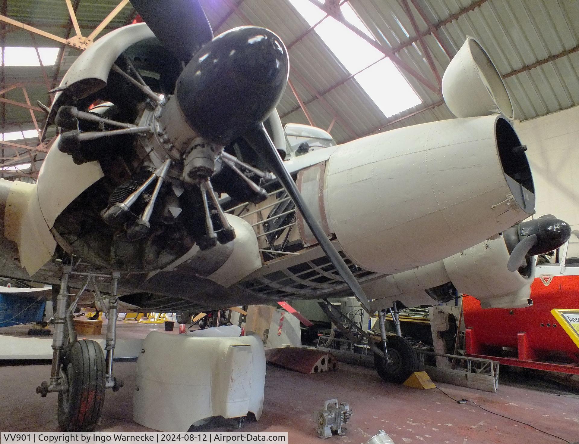 VV901, 1949 Avro 652A Anson T.21 C/N Not found VV901, Avro 652A Anson T21 (outer wings dismounted, minus parts of fuselage skin) being restored at the Yorkshire Air Museum, Elvington