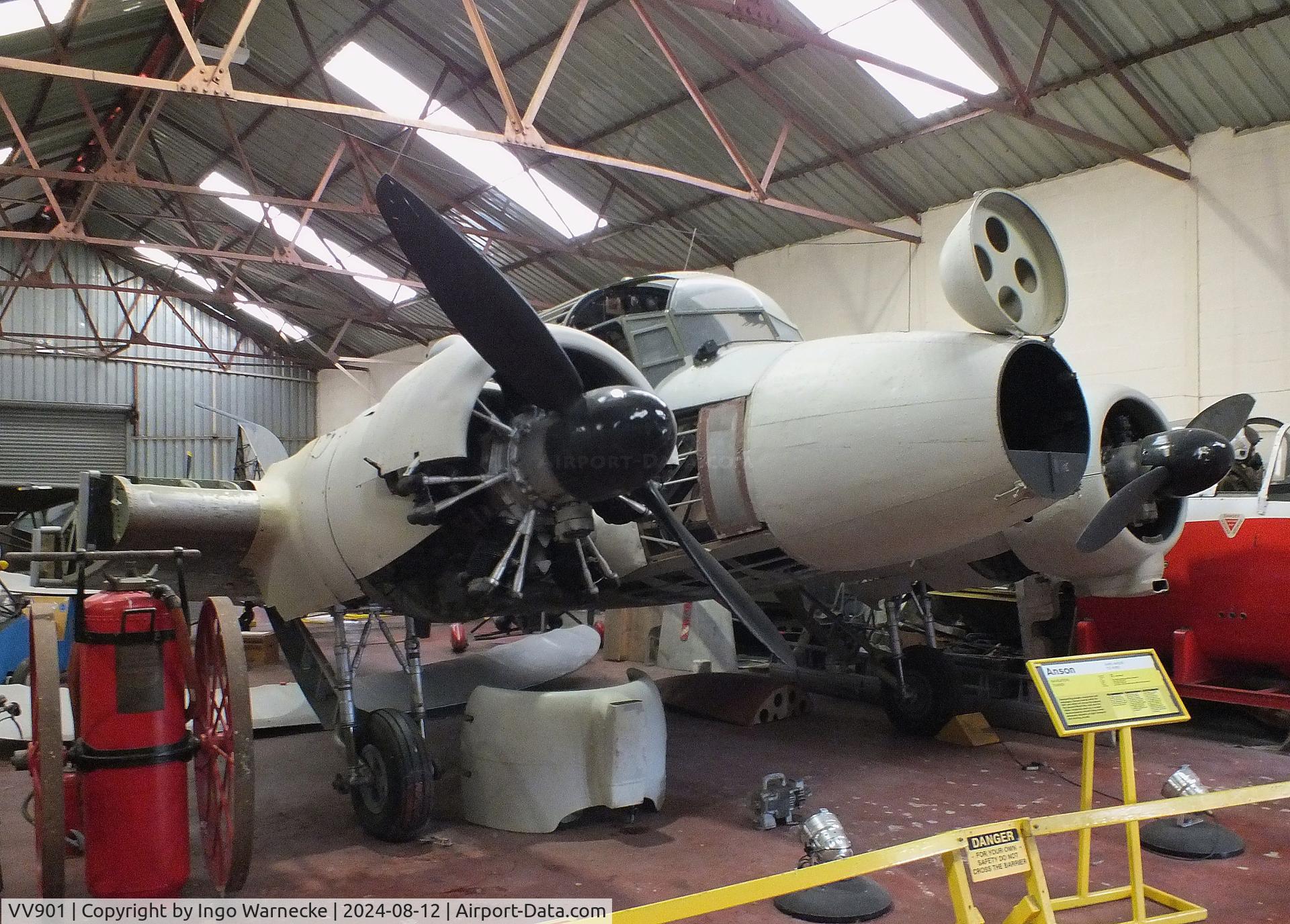 VV901, 1949 Avro 652A Anson T.21 C/N Not found VV901, Avro 652A Anson T21 (outer wings dismounted, minus parts of fuselage skin) being restored at the Yorkshire Air Museum, Elvington