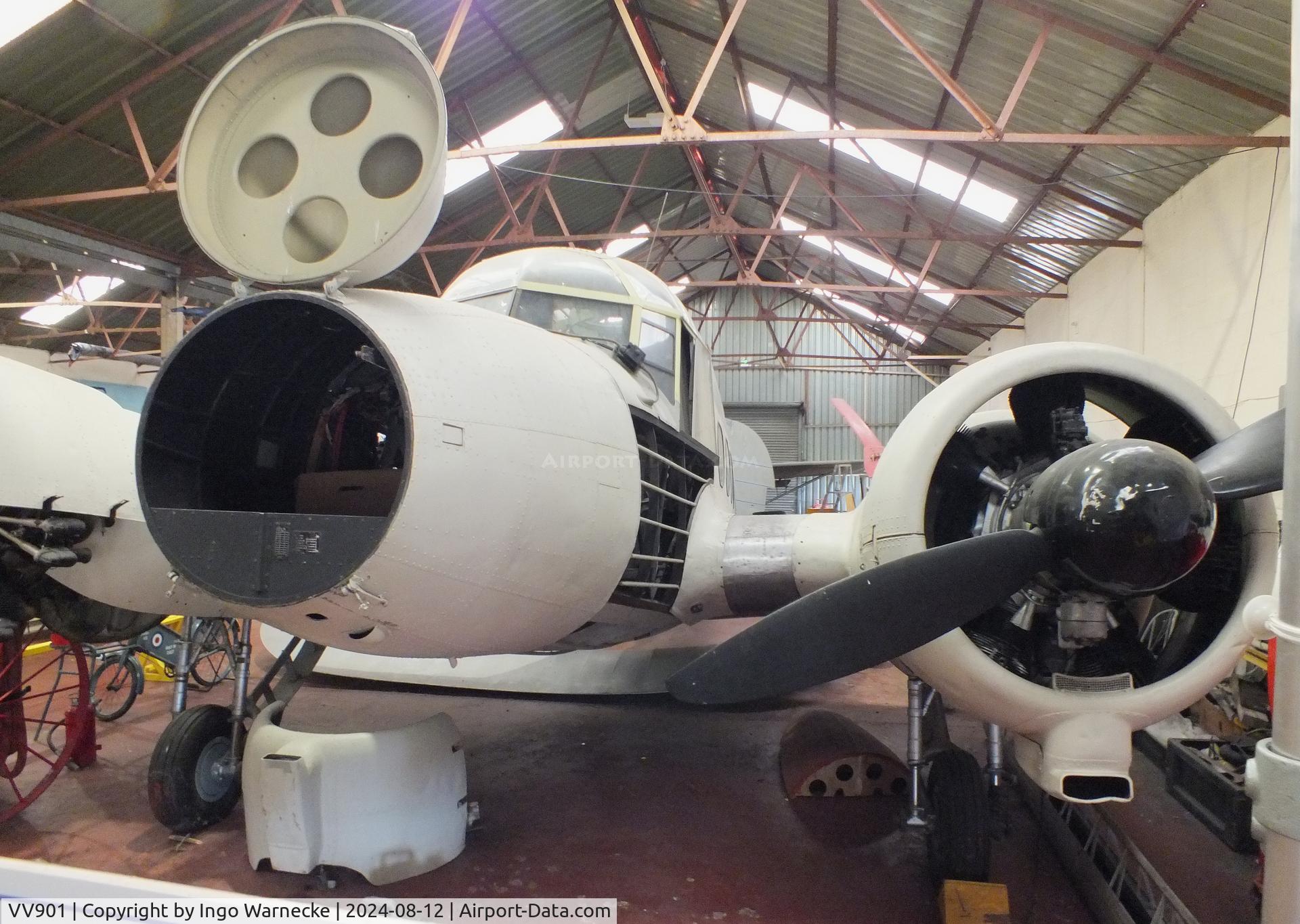 VV901, 1949 Avro 652A Anson T.21 C/N Not found VV901, Avro 652A Anson T21 (outer wings dismounted, minus parts of fuselage skin) being restored at the Yorkshire Air Museum, Elvington