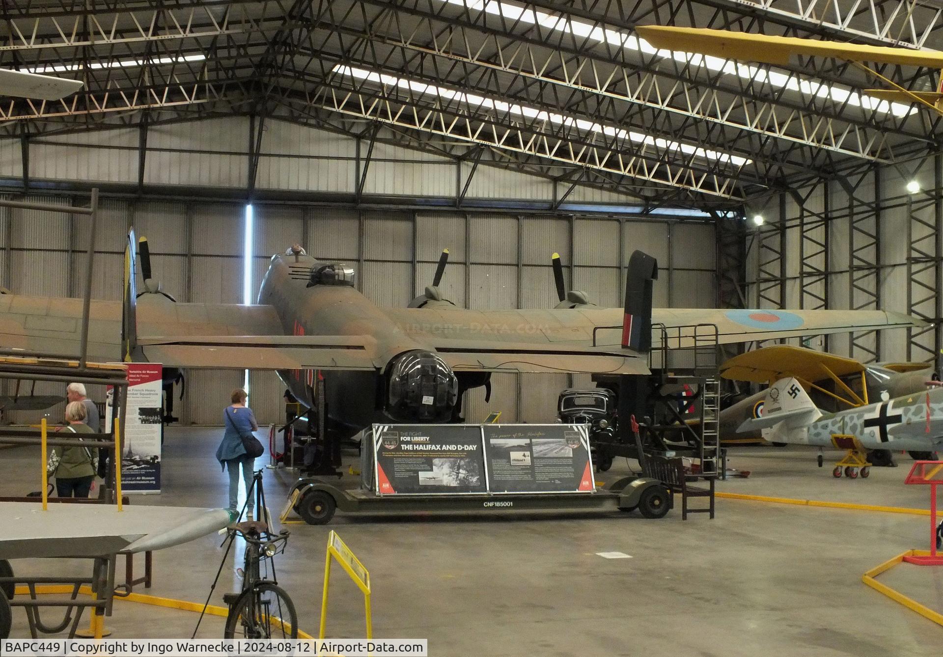 BAPC449, Handley Page HP-59 Halifax III C/N HR792, Handley Page Halifax III (composite airframe, parts from HR792, JP158, LW687 and Hastings TG536) displayed as RAF LV907 'NP F' on port side and as French AF LL553 'O H7' on starboard side, at the Yorkshire Air Museum, Elvington