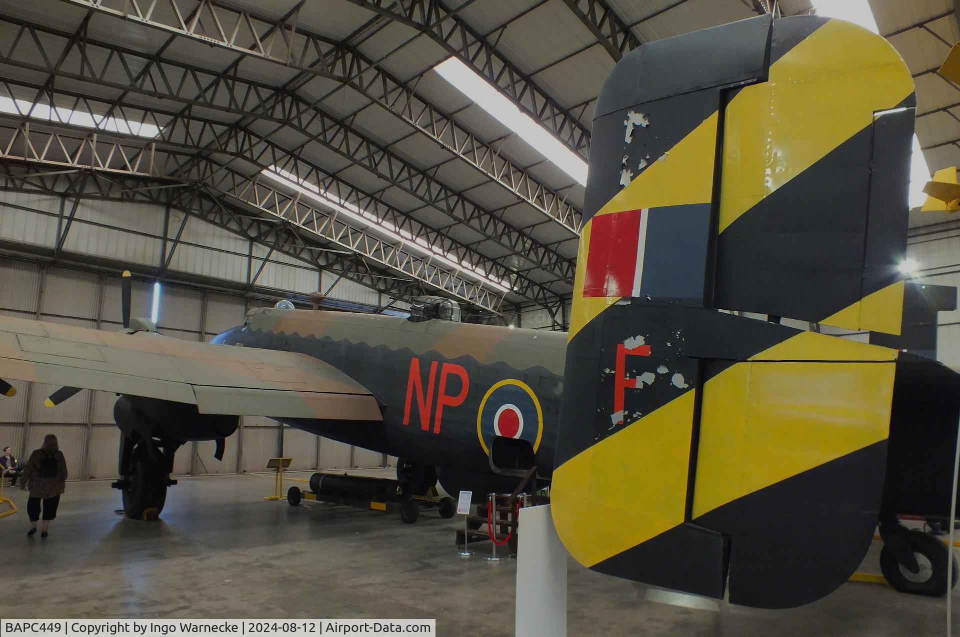 BAPC449, Handley Page HP-59 Halifax III C/N HR792, Handley Page Halifax III (composite airframe, parts from HR792, JP158, LW687 and Hastings TG536) displayed as RAF LV907 'NP F' on port side and as French AF LL553 'O H7' on starboard side, at the Yorkshire Air Museum, Elvington