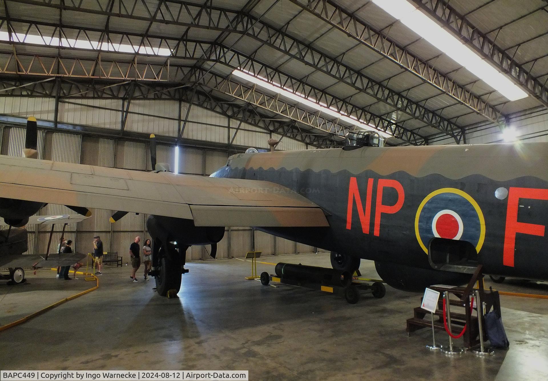 BAPC449, Handley Page HP-59 Halifax III C/N HR792, Handley Page Halifax III (composite airframe, parts from HR792, JP158, LW687 and Hastings TG536) displayed as RAF LV907 'NP F' on port side and as French AF LL553 'O H7' on starboard side, at the Yorkshire Air Museum, Elvington